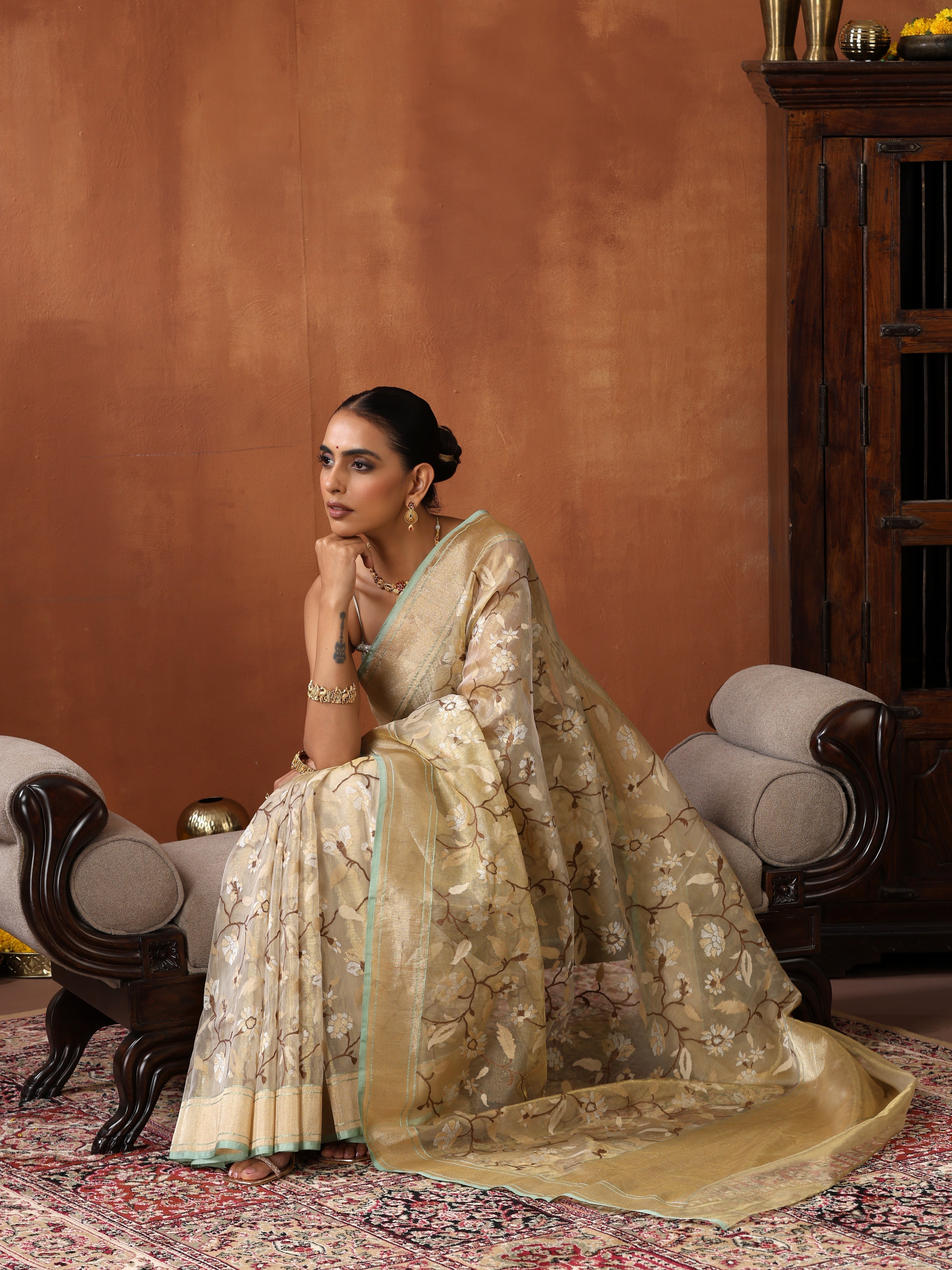 sari silk dress Gold Draped Gown I Dash & Dot S drape and gold knit fabric 7 saris handpicked by Samantha
