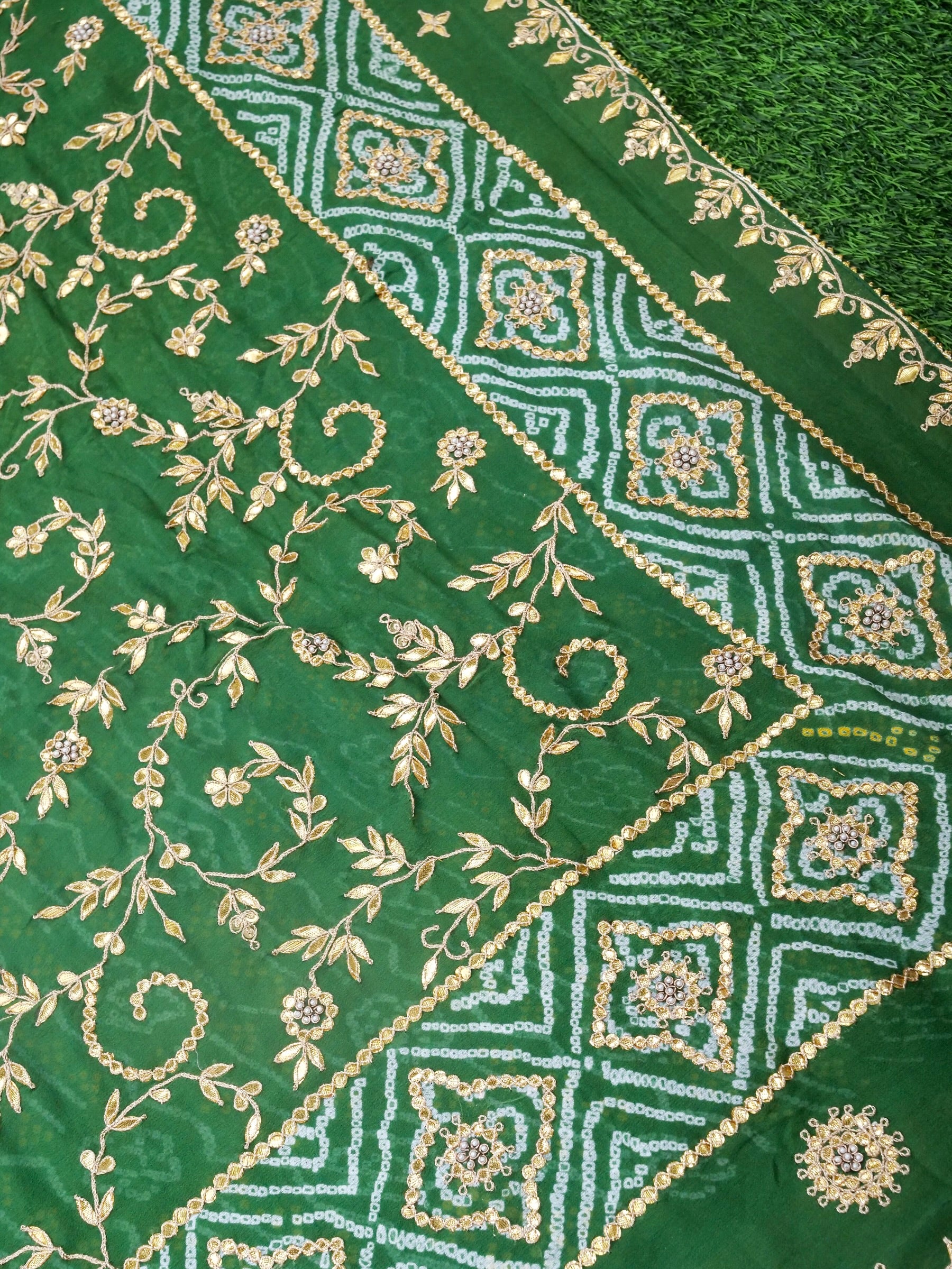Banarasi Georgette Bandhani Saree with Gotta Patti in Peacock Green