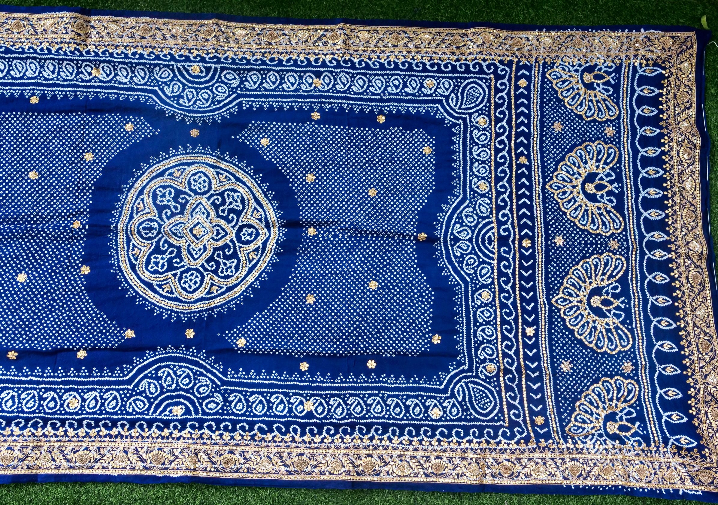 Hand Embroidered Bandhani Gajji Silk Suit Set in Navy Blue