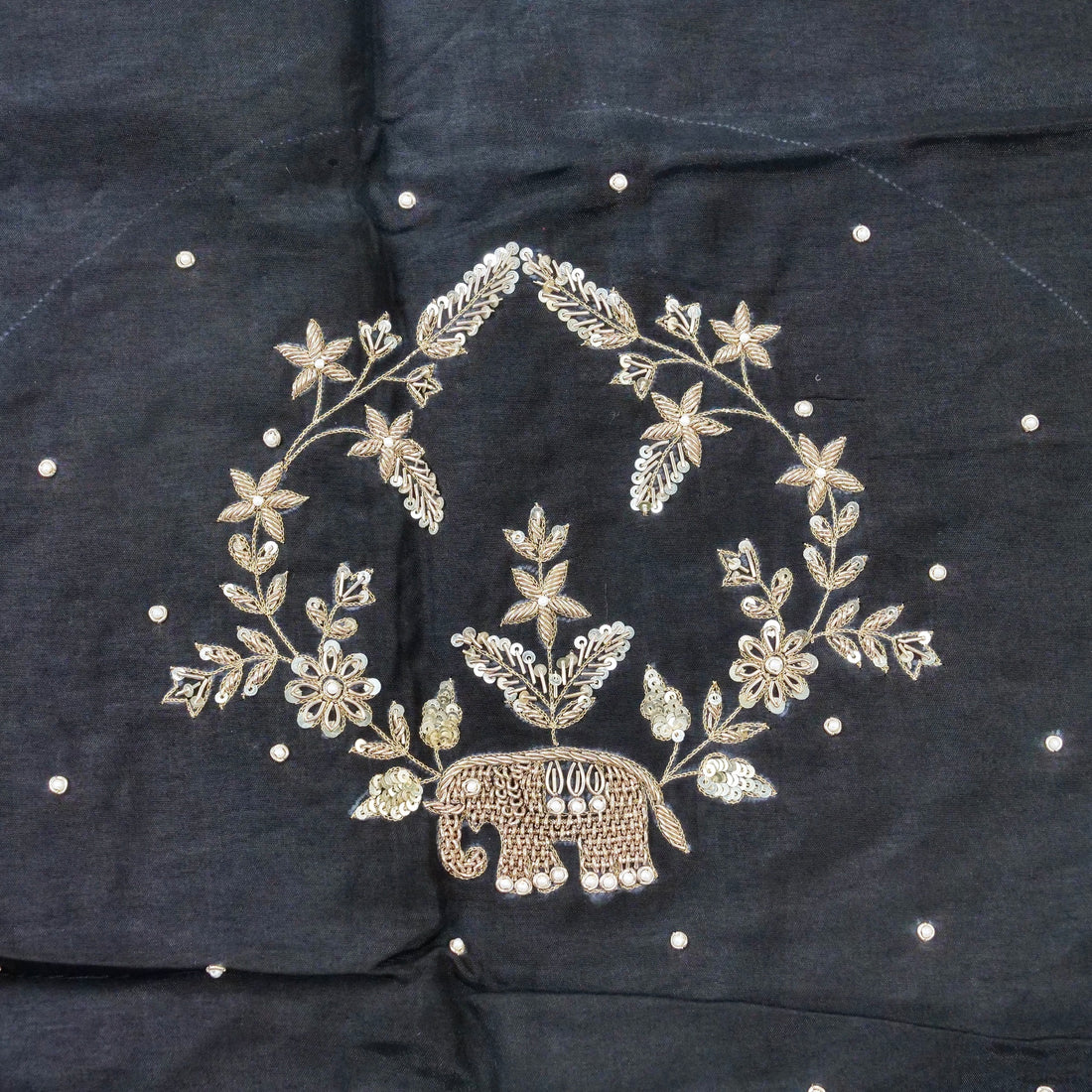 Hand Embroidered Raw Silk Blouse Fabric in Charcoal Black