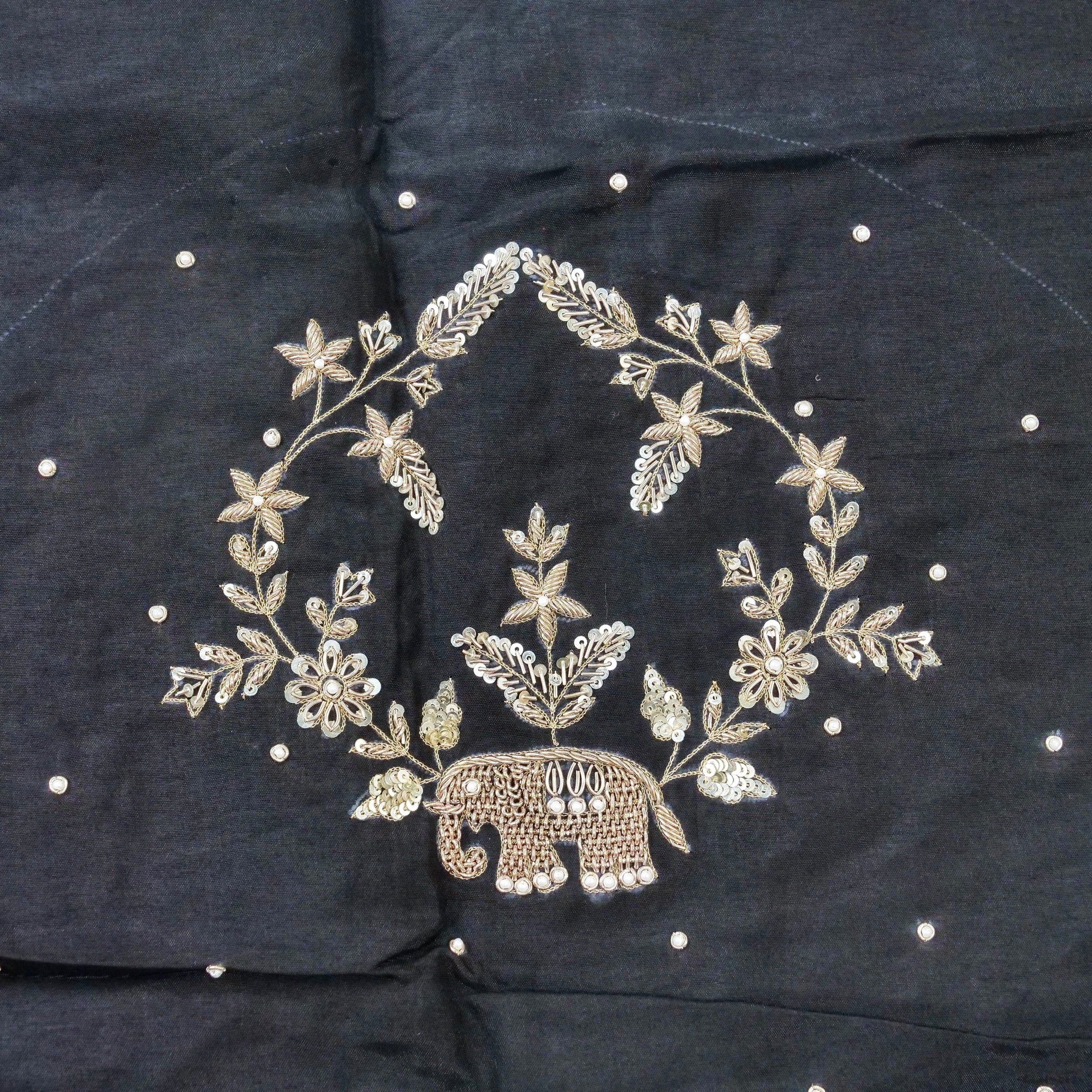 Hand Embroidered Raw Silk Blouse Fabric in Charcoal Black