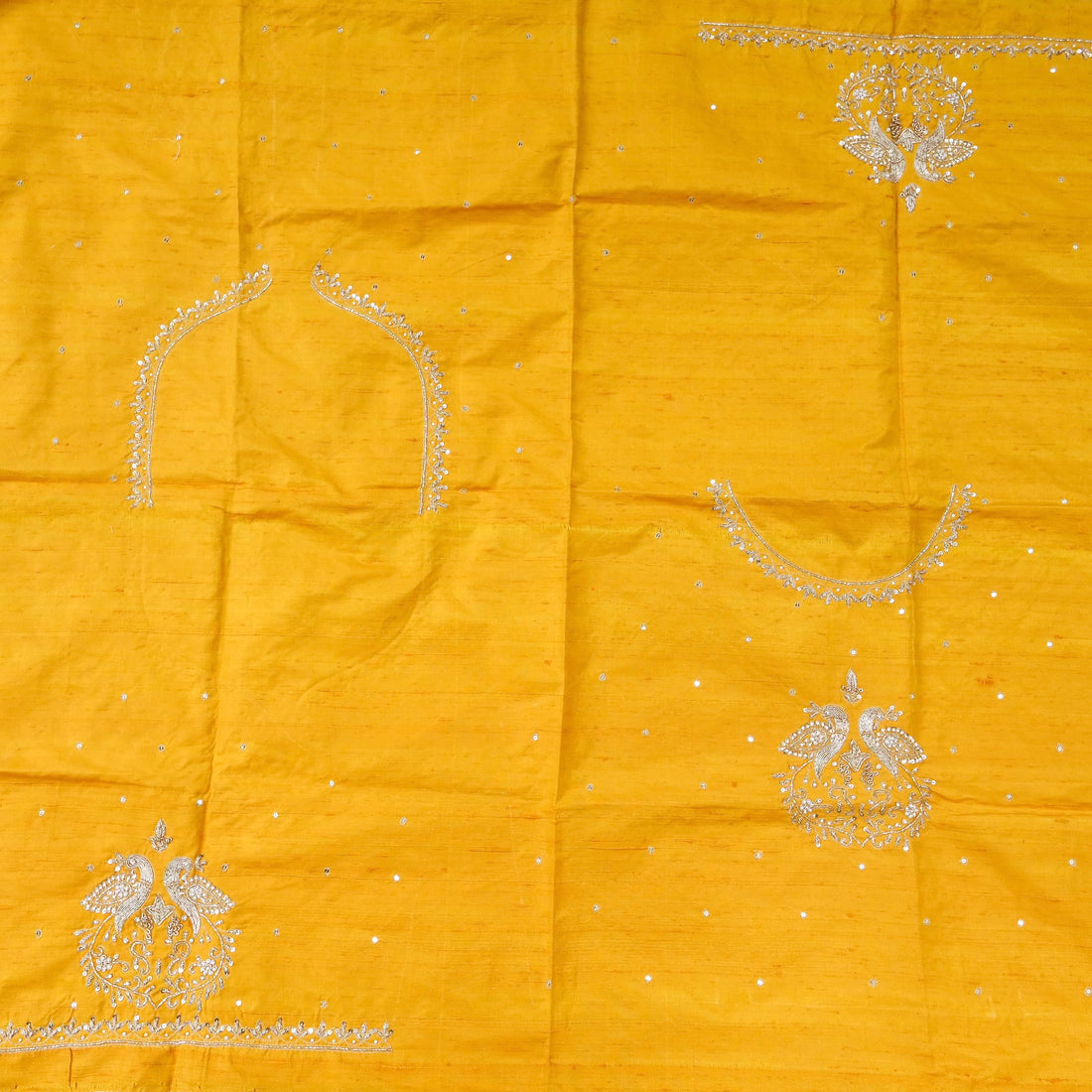 Hand Embroidered Raw Silk Blouse Fabric in Mustard Yellow