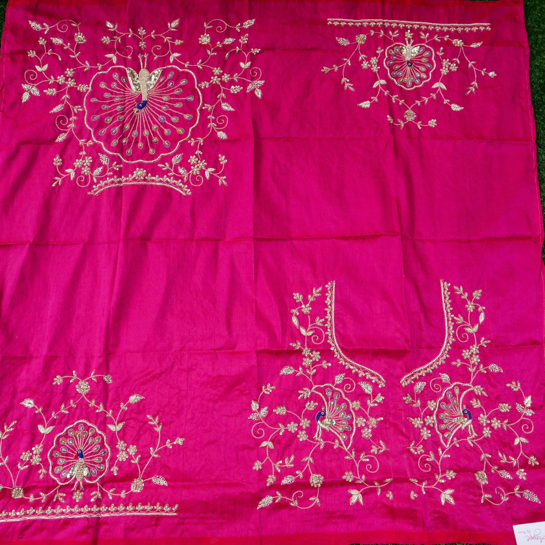 Hand Embroidered Raw Silk Blouse Fabric in Rani Pink