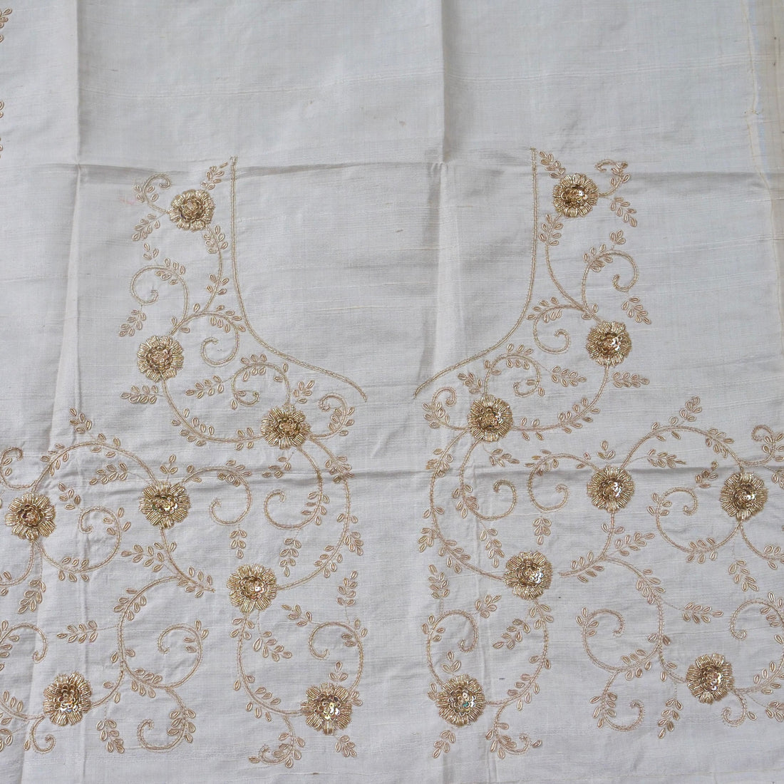 Hand Embroidered Raw Silk Blouse Fabric in Ivory