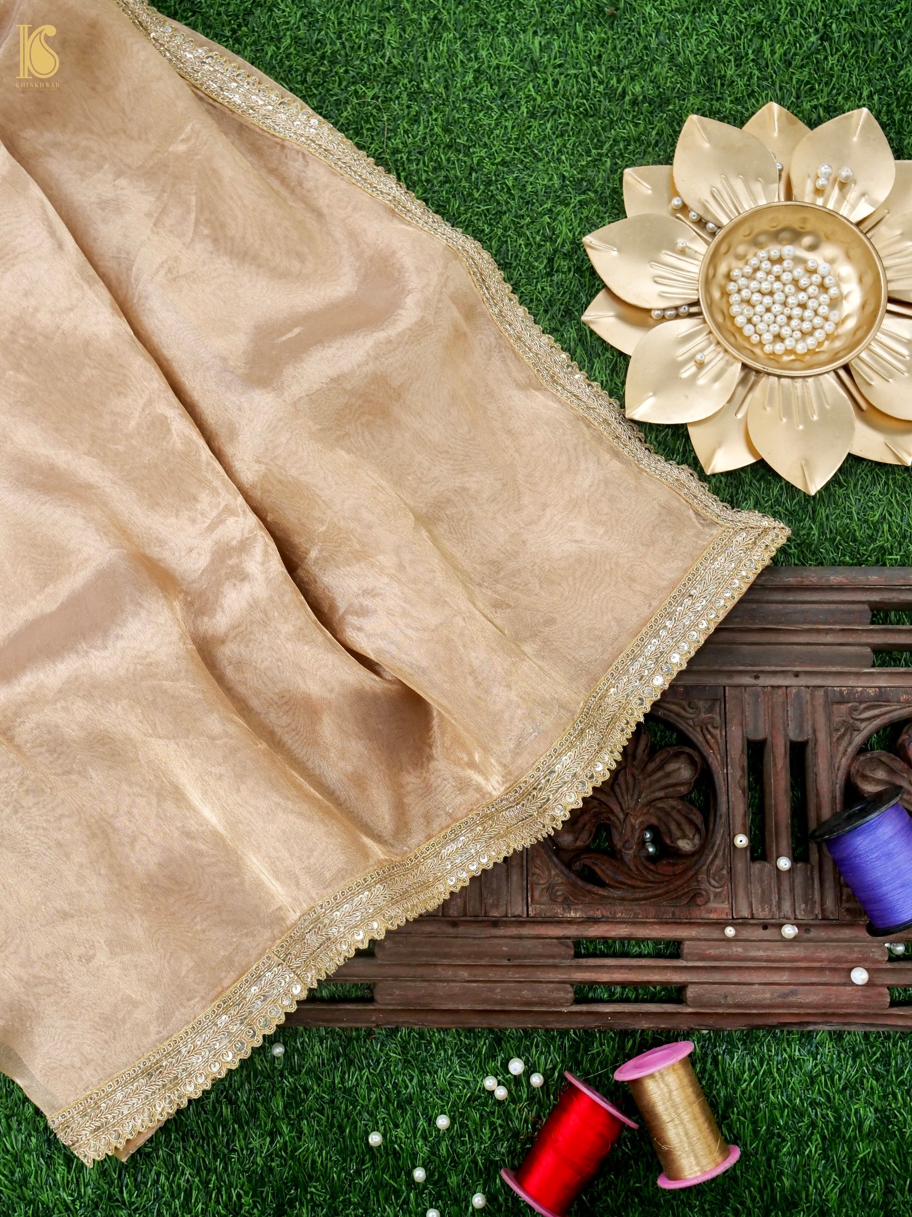 Hand Embroidered Pure Tissue Silk Saree with Border in Gold