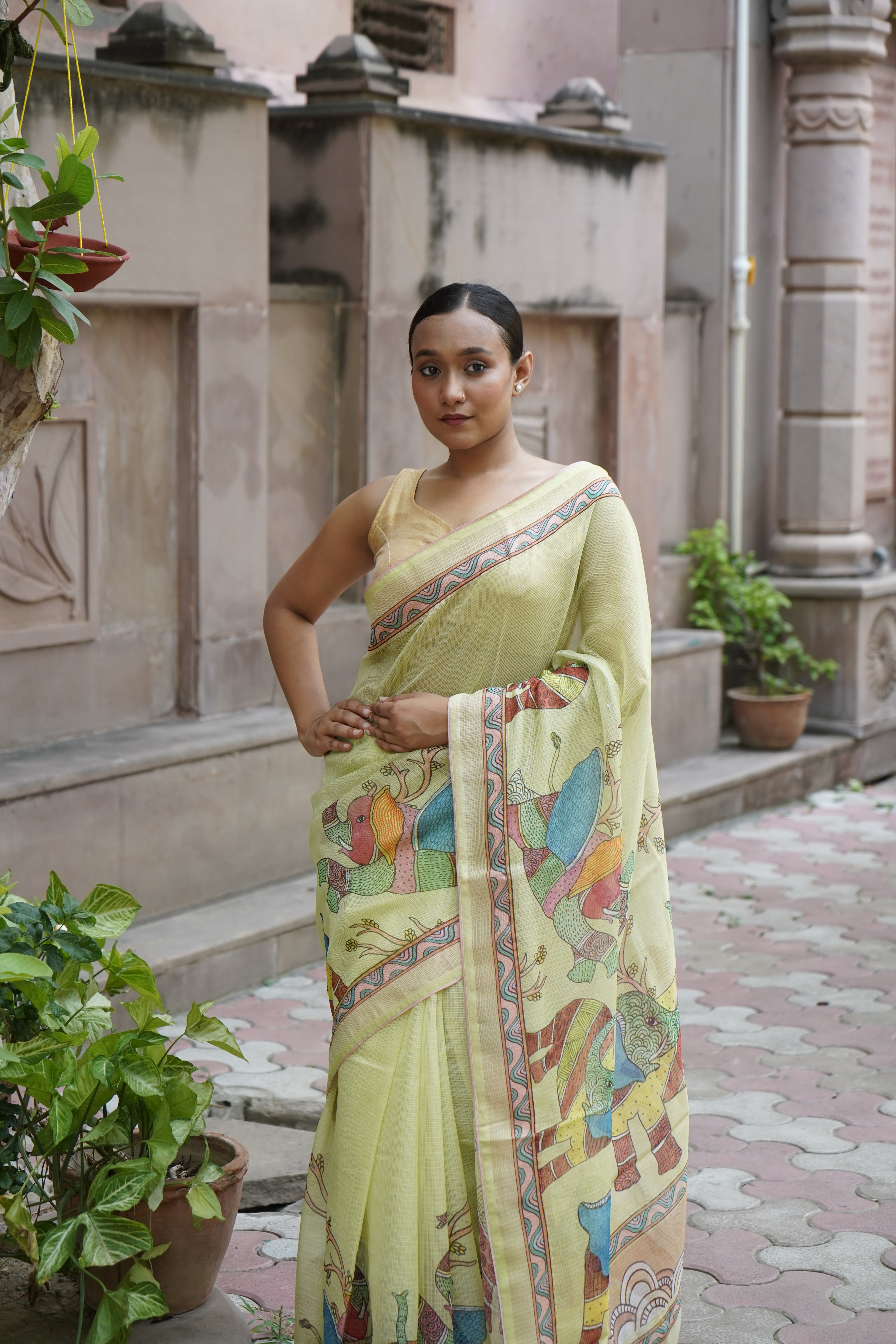 Gaj Gond Print Kota Saree in Lemon Yellow