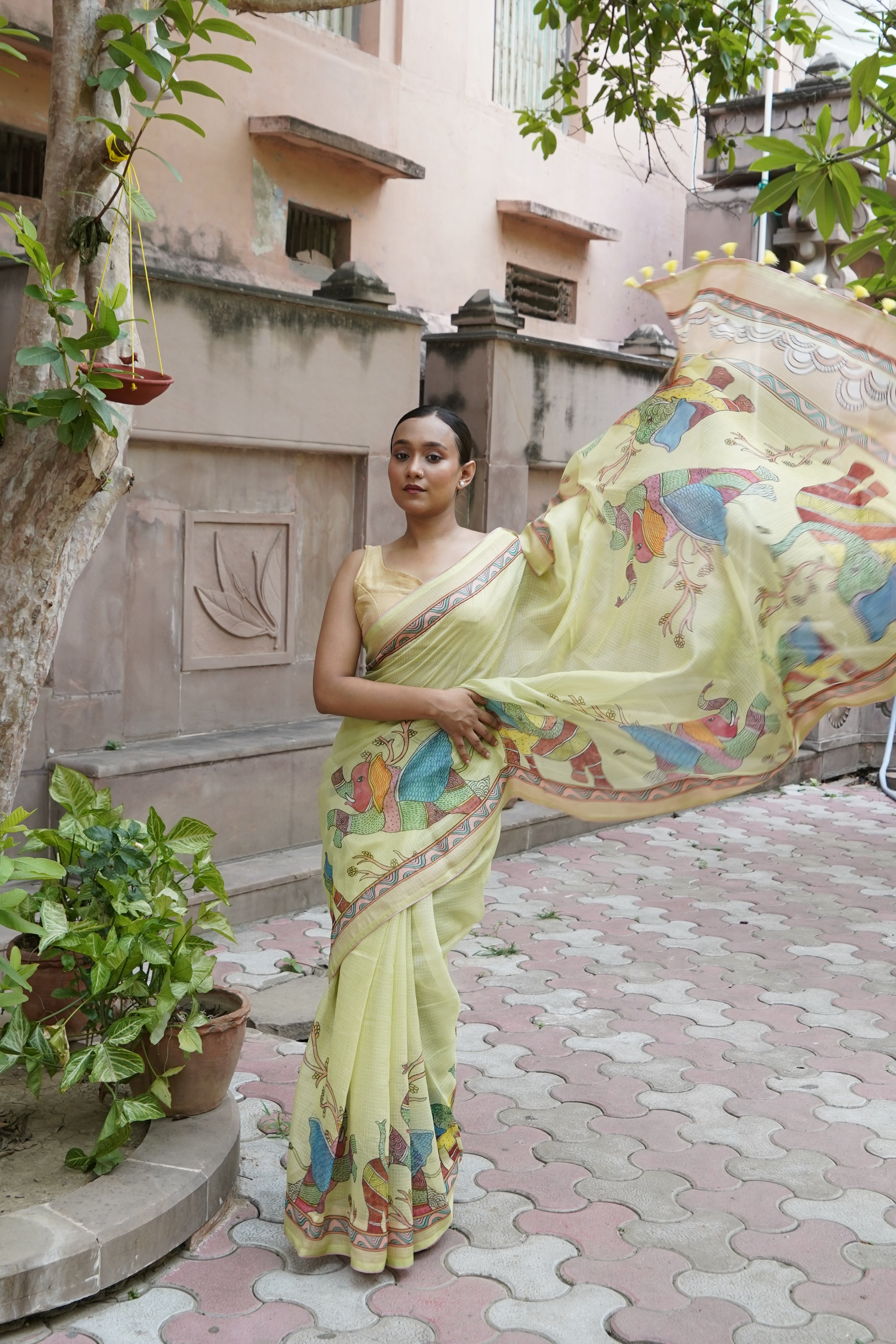 Gaj Gond Print Kota Saree in Lemon Yellow