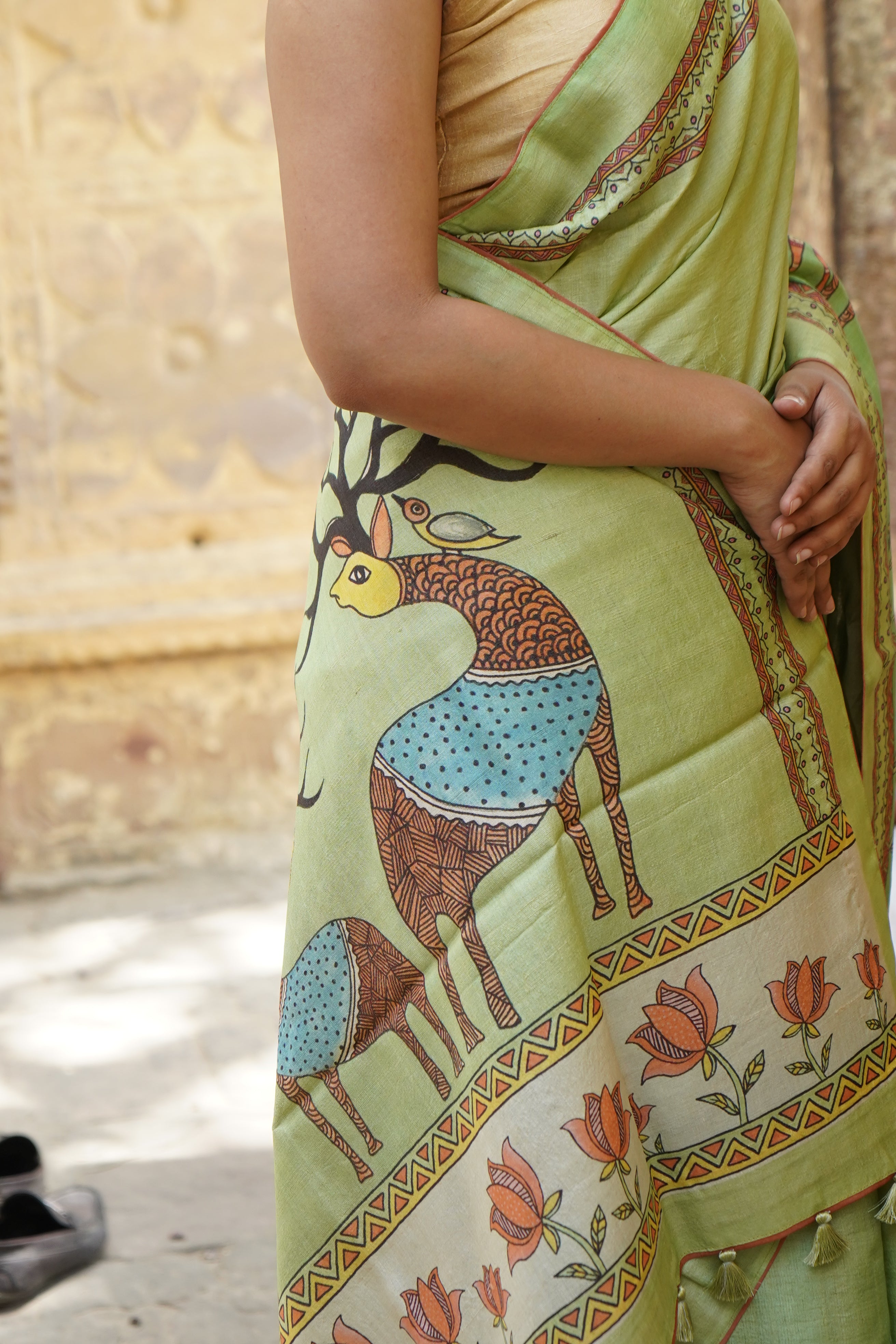 Kasturi Gond Print Tussar Saree in Mint Green