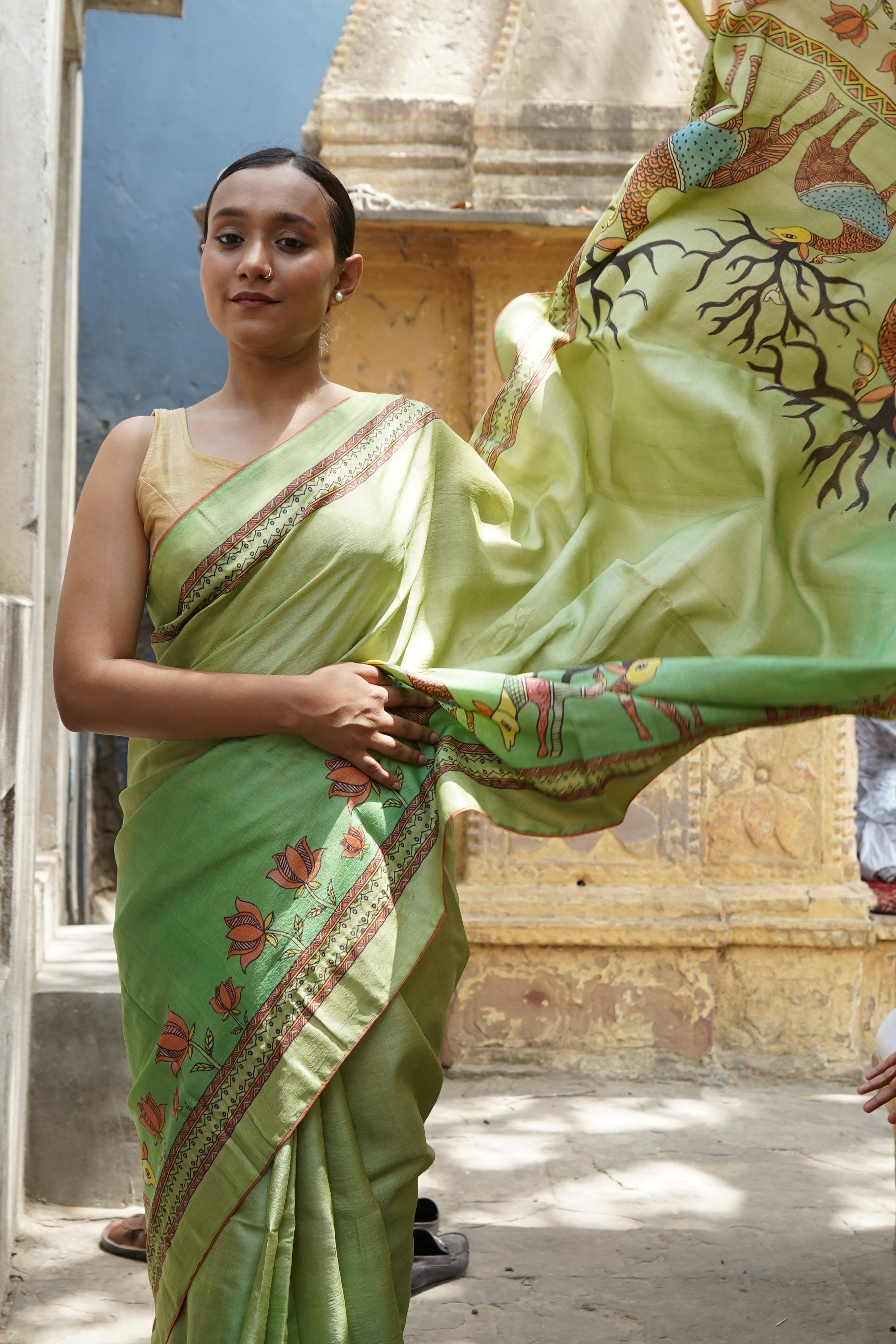 Kasturi Gond Print Tussar Saree in Mint Green