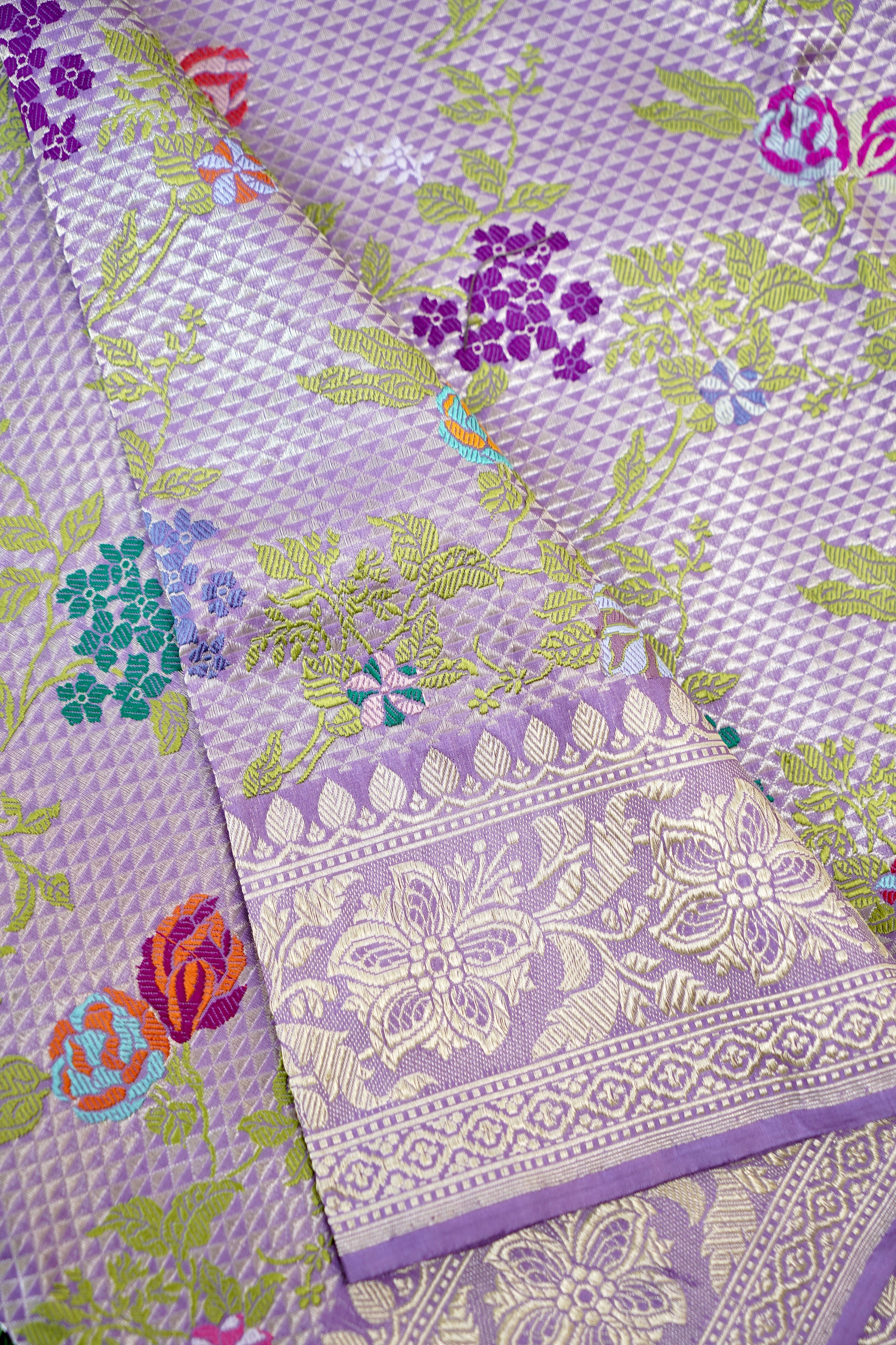 Handwoven Banarasi Katan Silk Kinkhab Meenakari Saree in Soft Lilac
