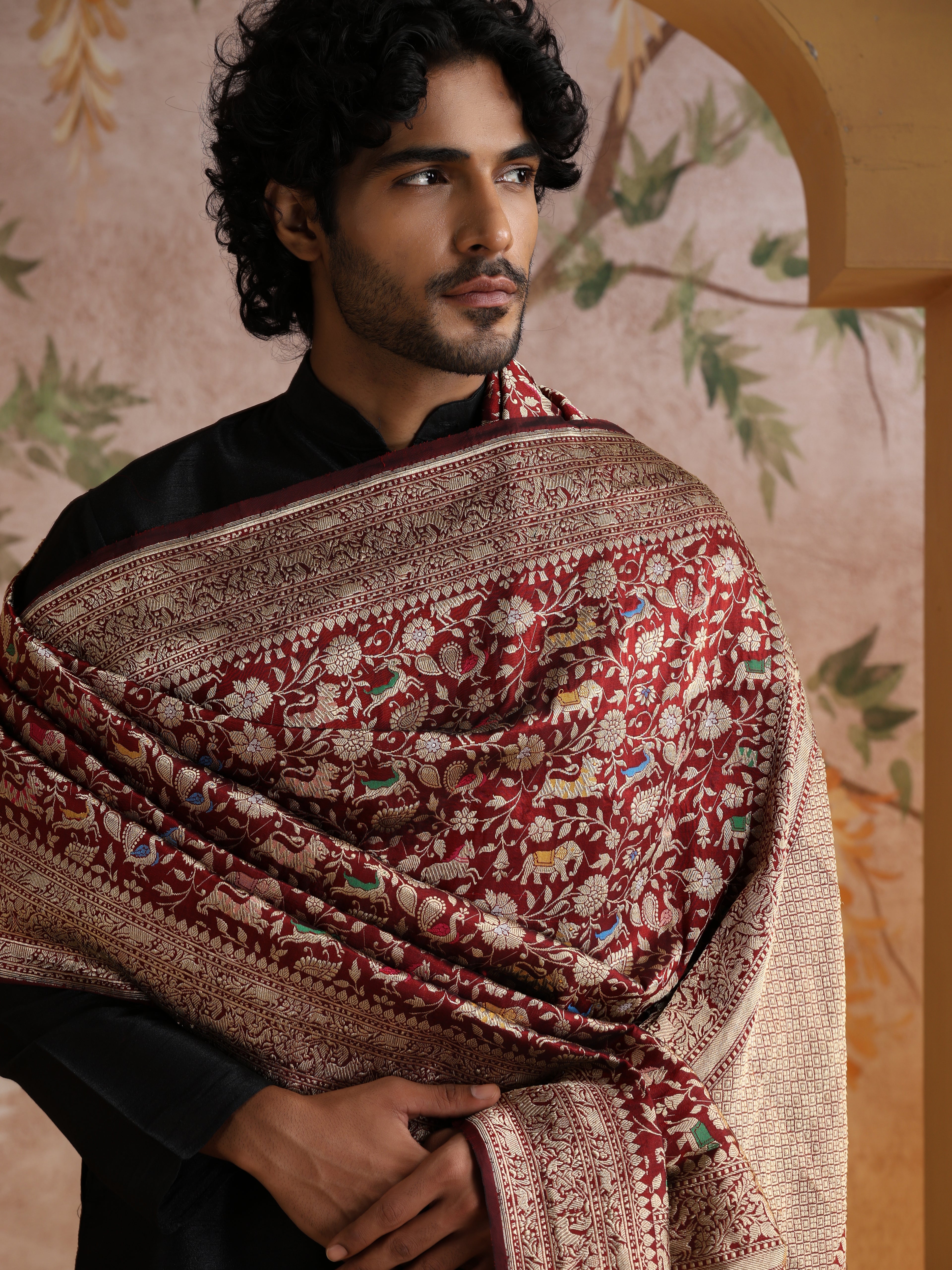 Handwoven Banarasi Katan Silk Shikargah Dupatta