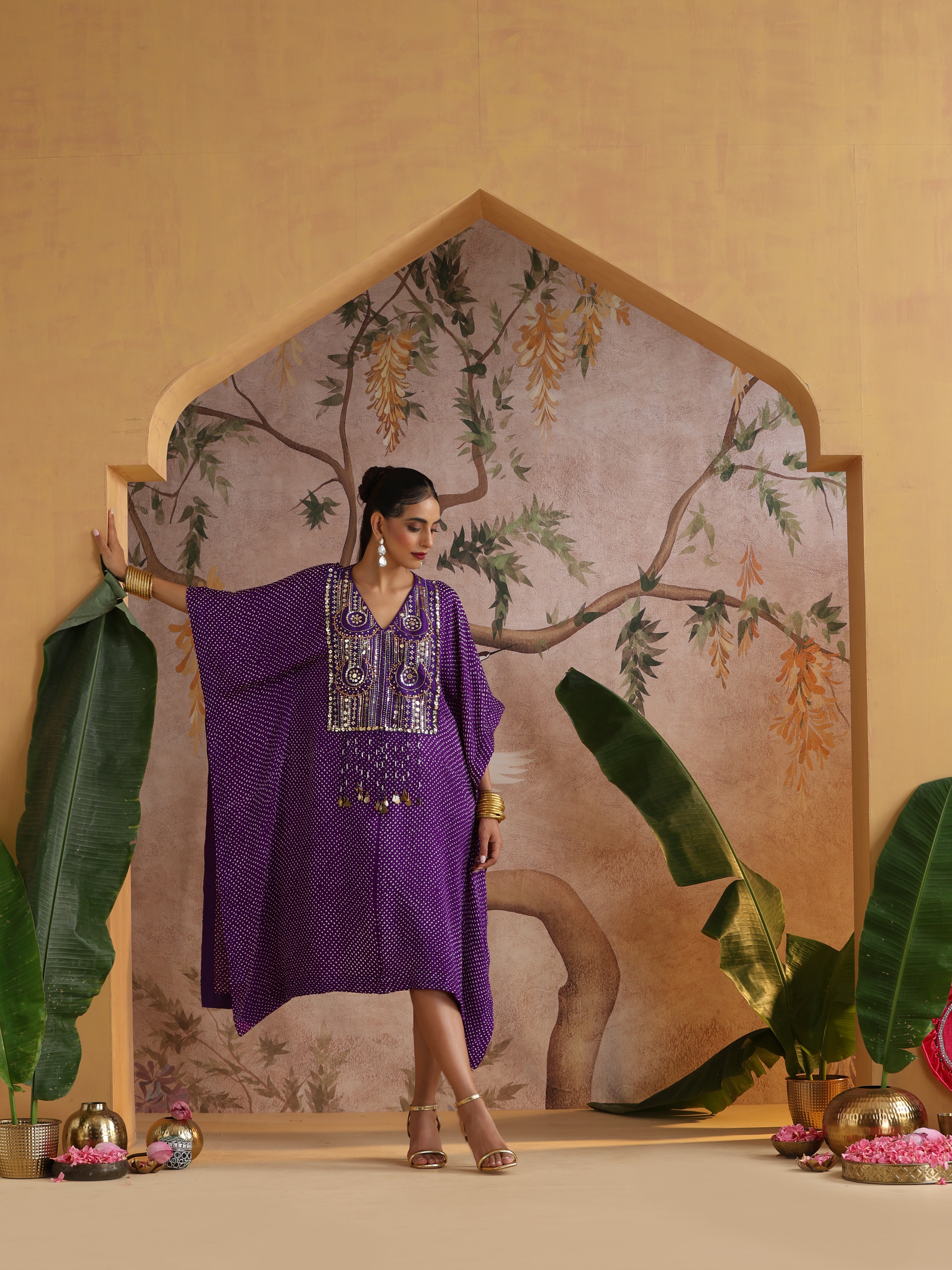 Gajji Silk Bandhani Mirror Work Stitched Kaftan in Royal Purple