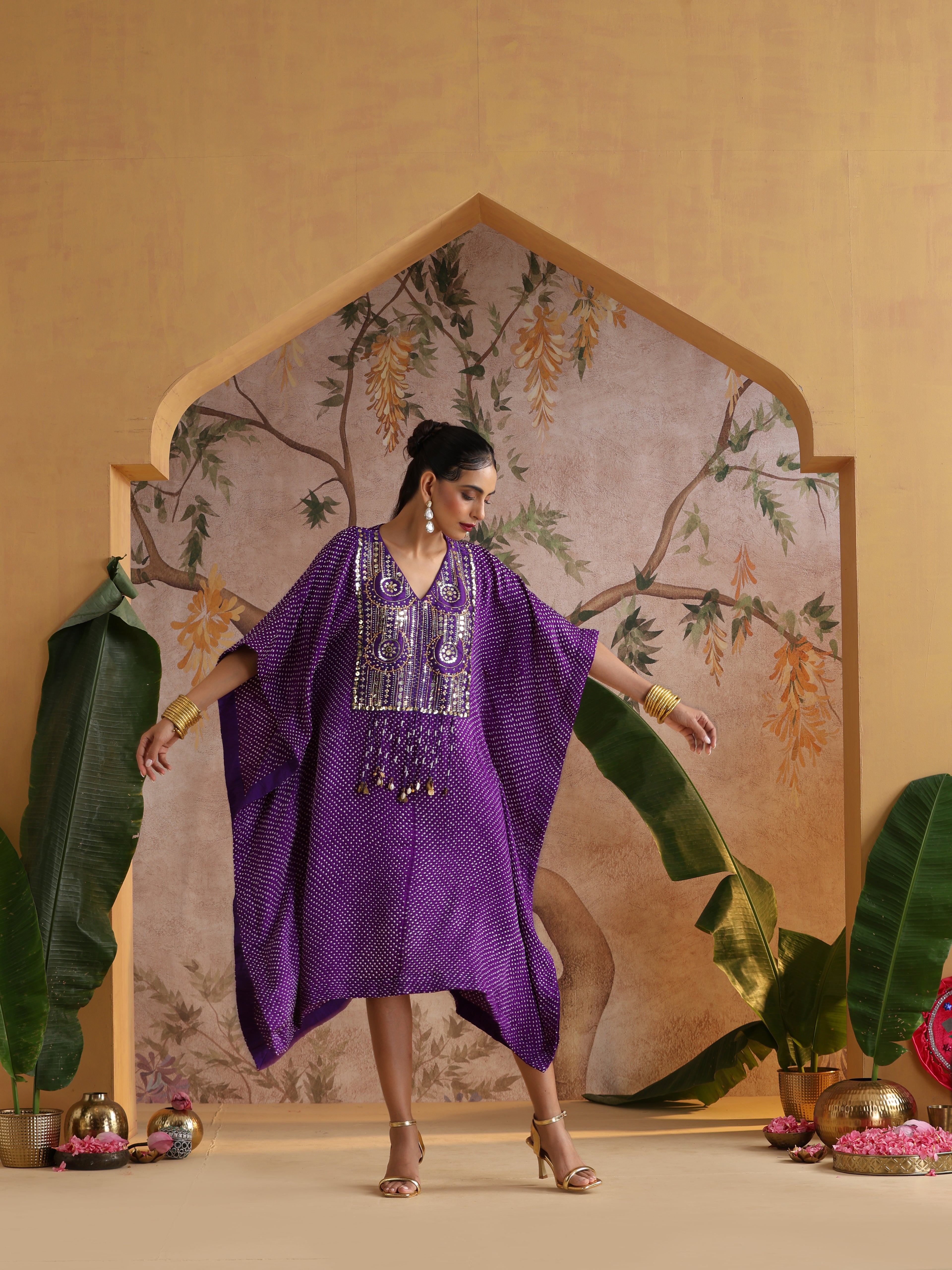 Gajji Silk Bandhani Mirror Work Stitched Kaftan in Royal Purple