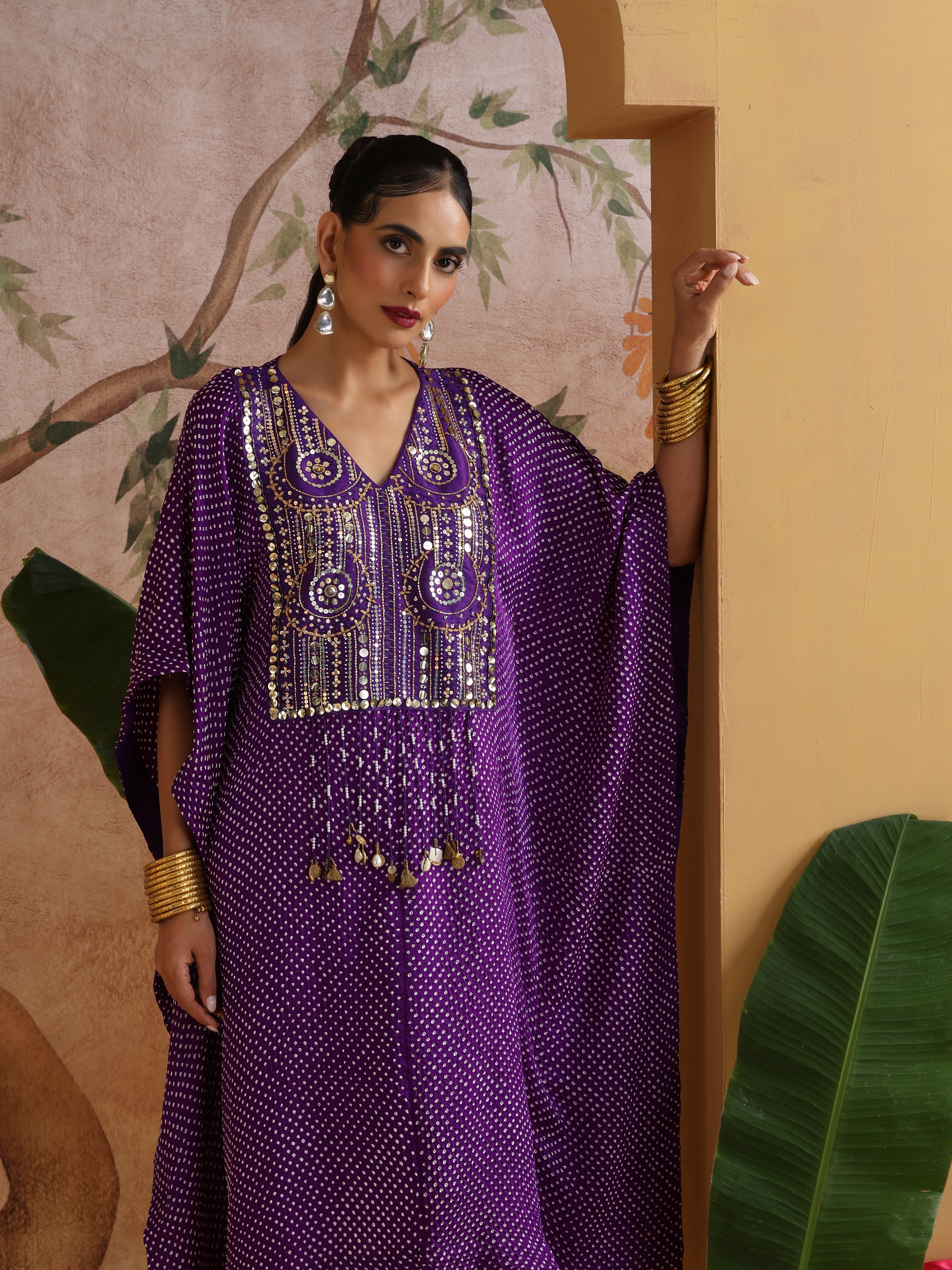 Gajji Silk Bandhani Mirror Work Stitched Kaftan in Royal Purple