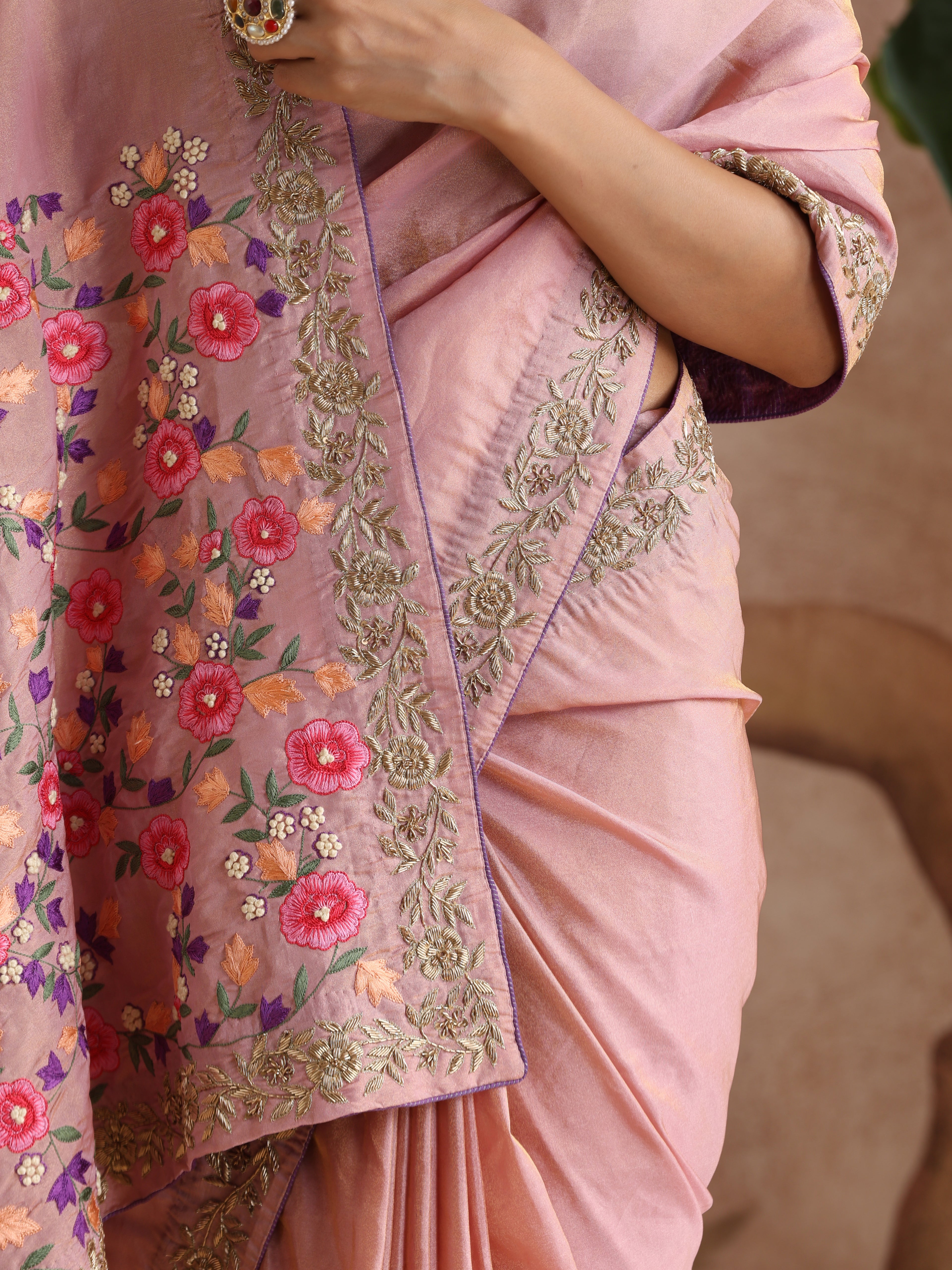 Handwoven Pure Tissue Silk Zardozi Embroidery Saree