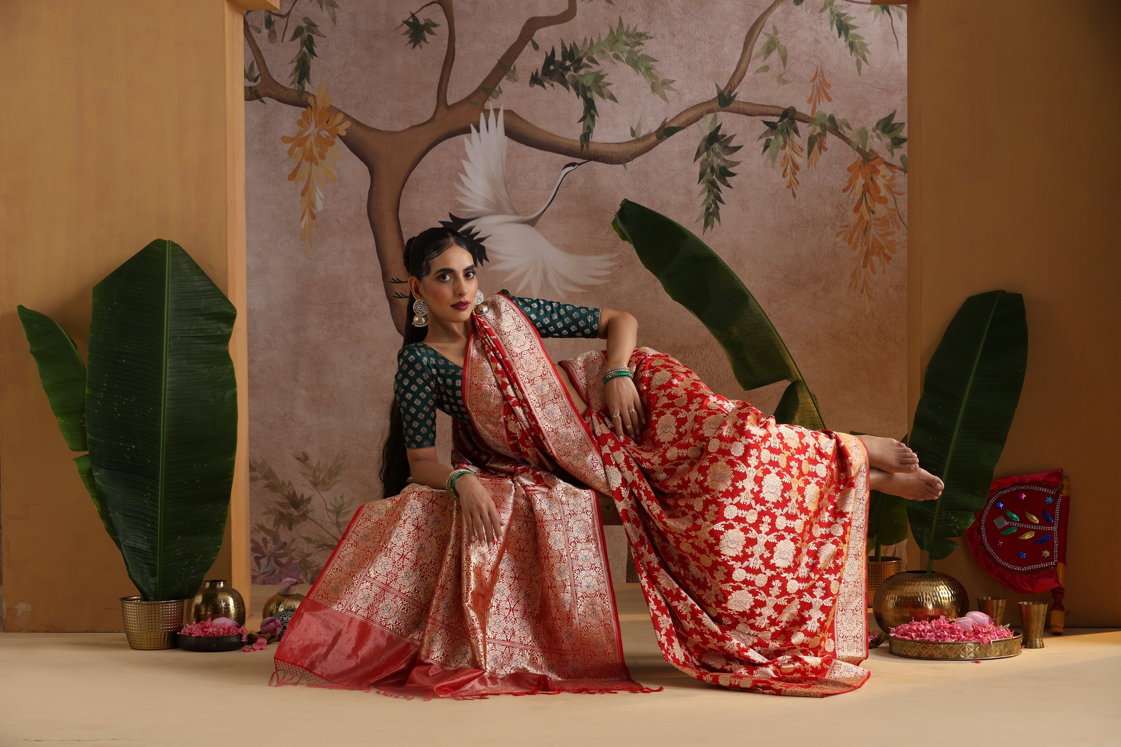 Handwoven Pure Katan Silk Red Banarasi Mughal Boota Saree