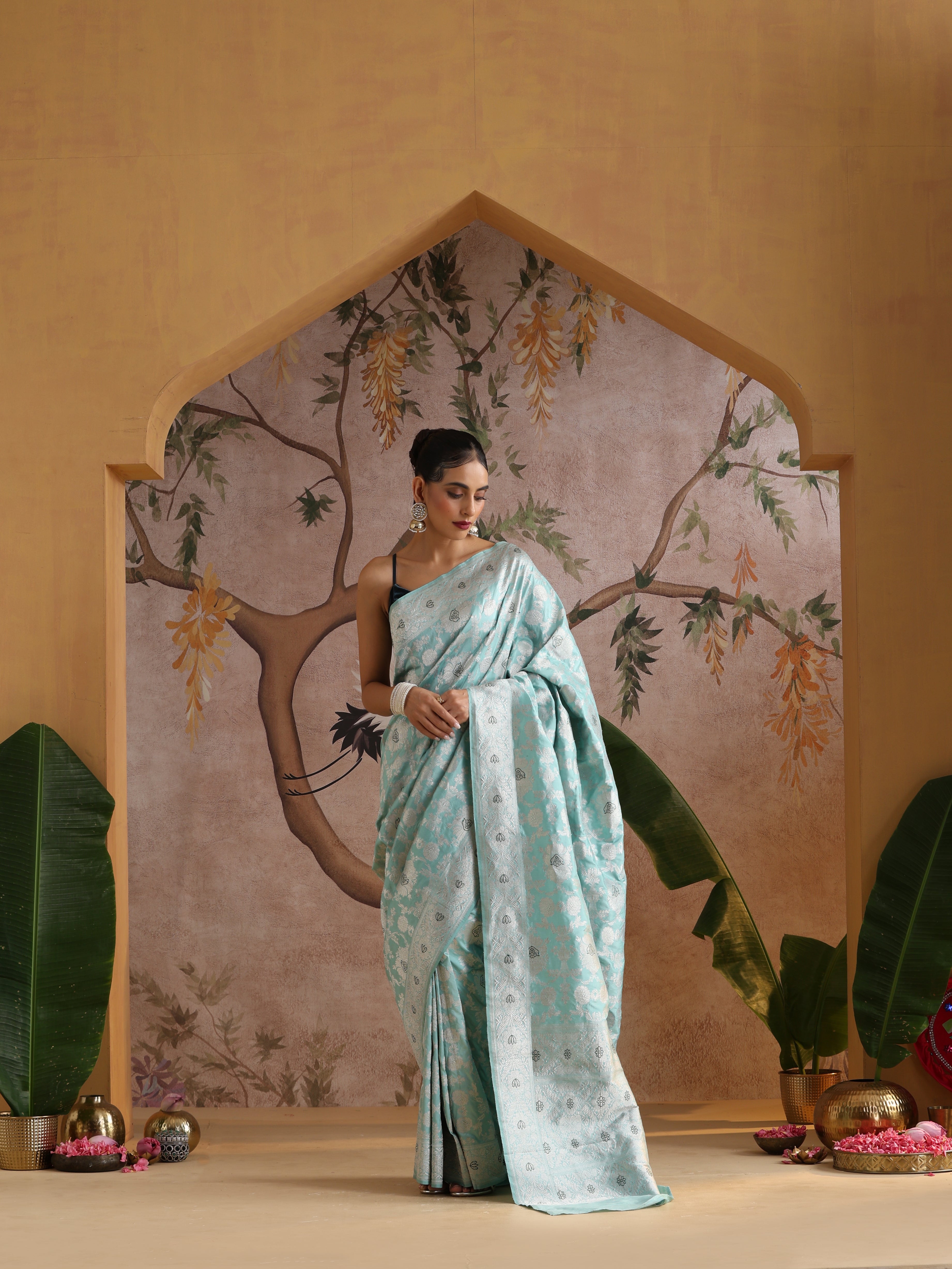 Handwoven Pure Katan Silk Blue Kadwa Jaal Silver Zari Banarasi Saree