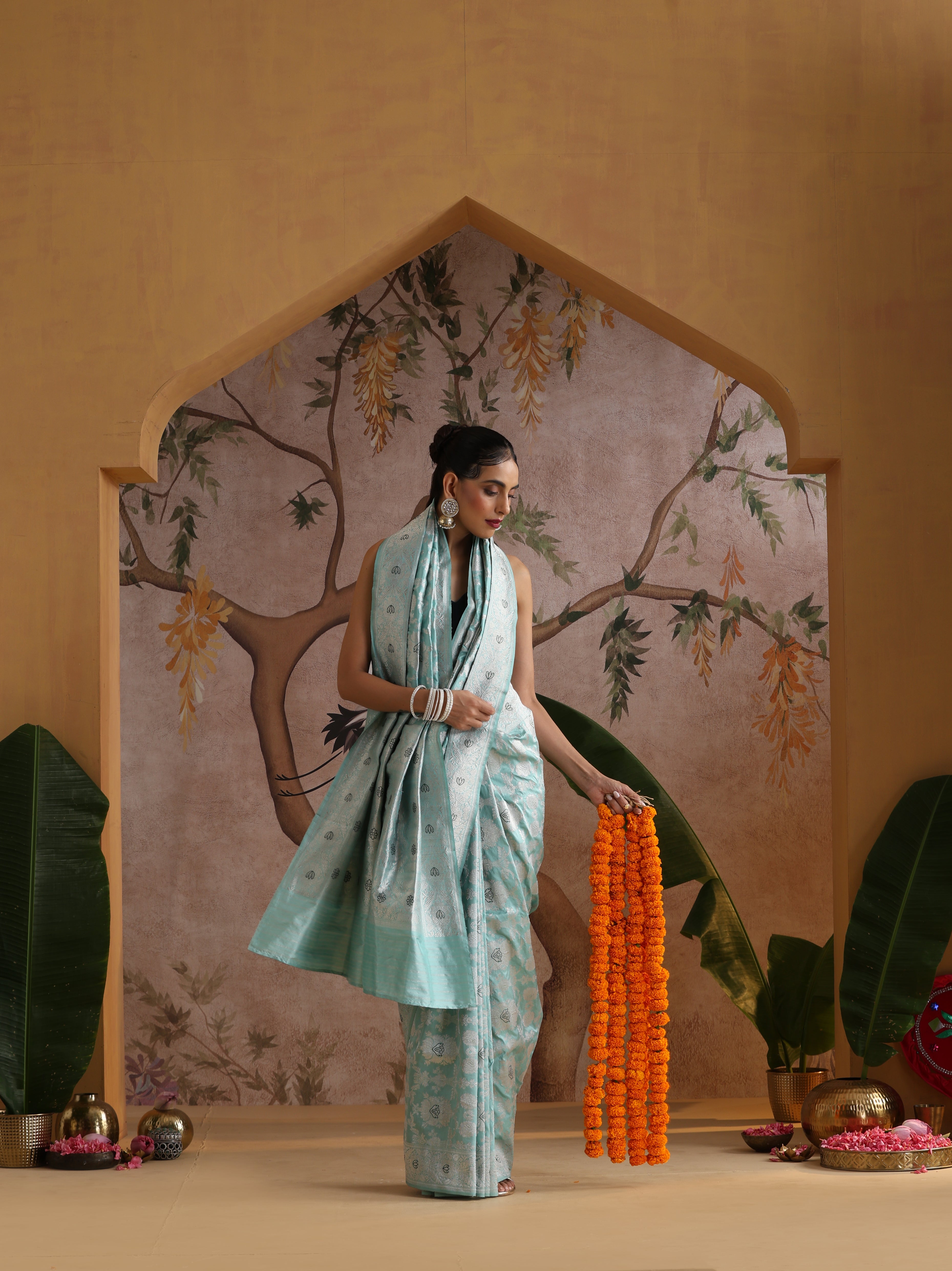 Handwoven Pure Katan Silk Blue Kadwa Jaal Silver Zari Banarasi Saree