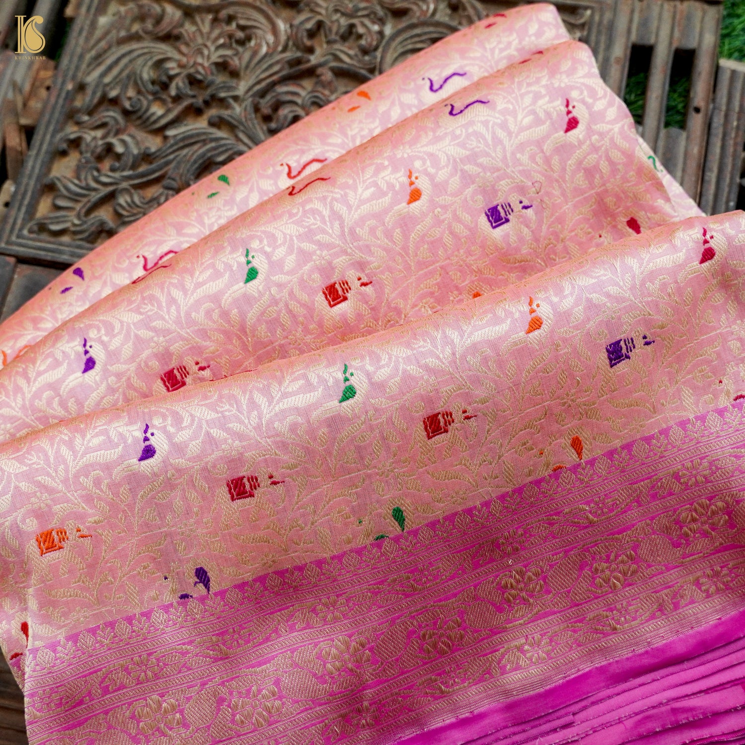 Handloom Katan Silk Banarasi Pink Shikargah Saree with Contrast Border