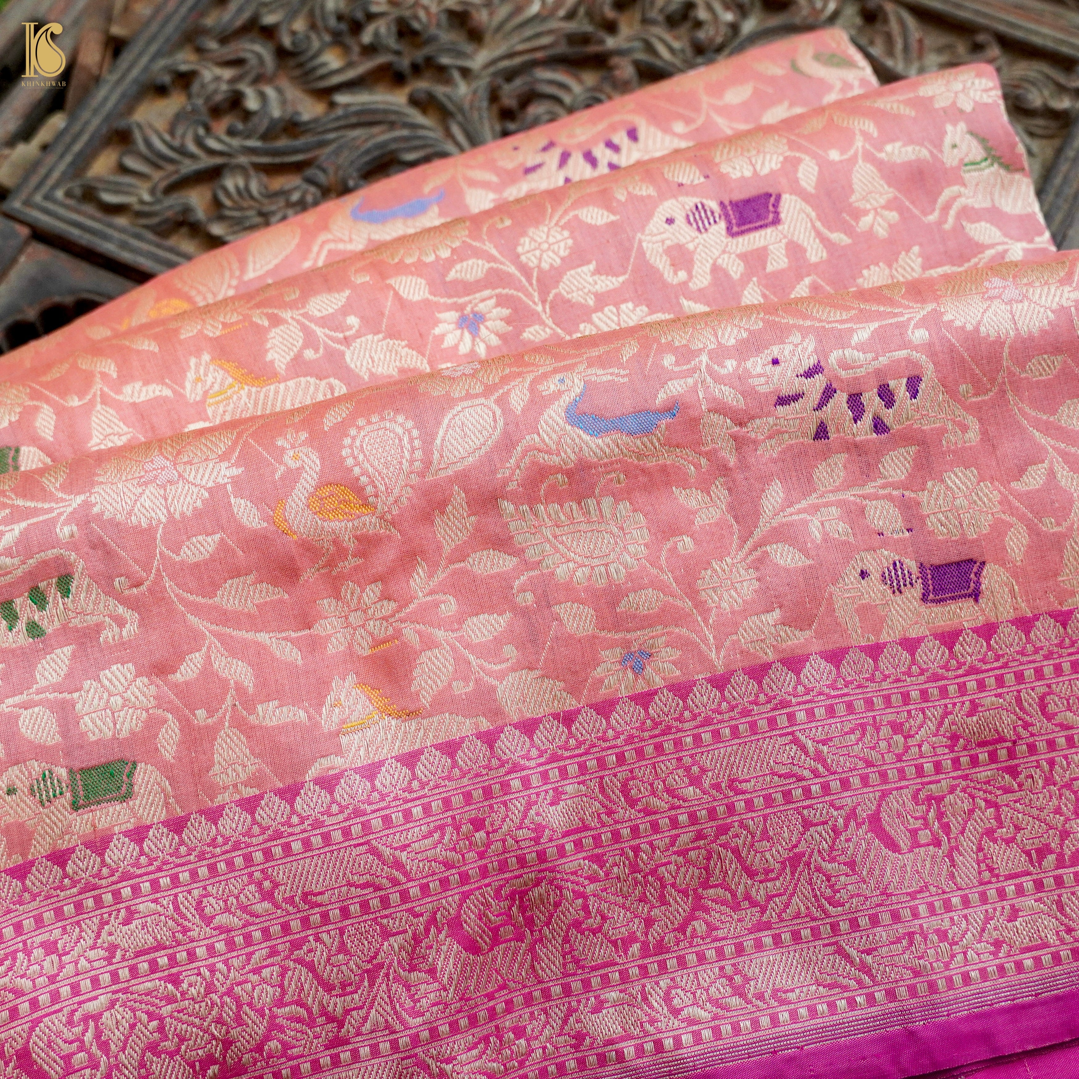 Handloom Katan Silk Banarasi Pink Shikargah Saree with Contrast Border