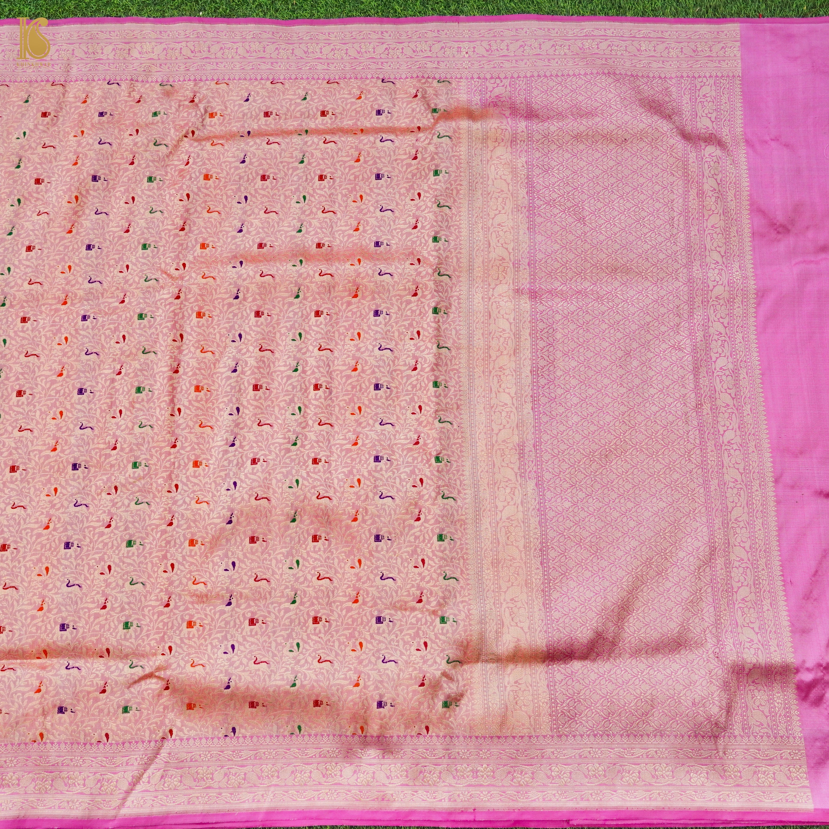 Handloom Katan Silk Banarasi Pink Shikargah Saree with Contrast Border