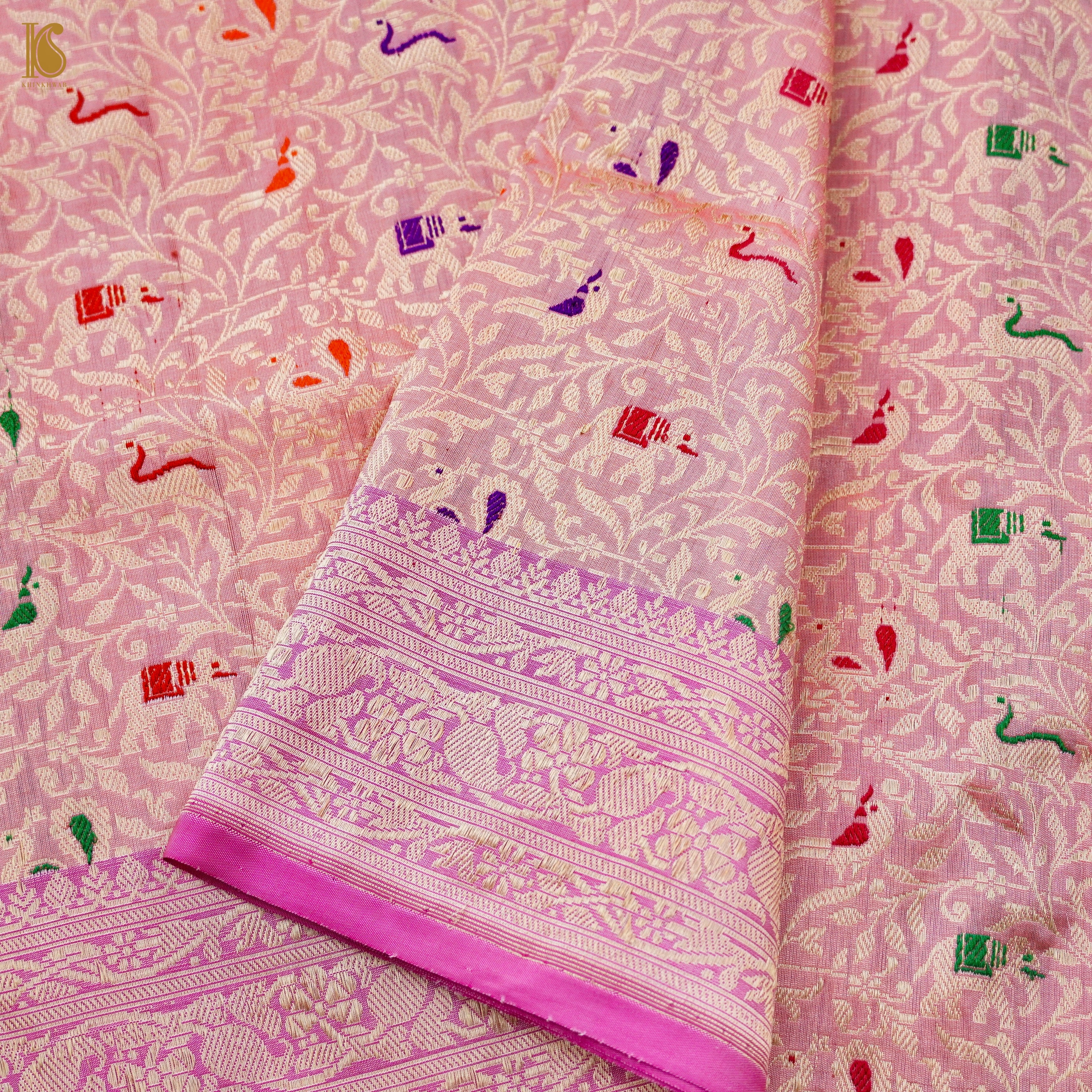 Handloom Katan Silk Banarasi Pink Shikargah Saree with Contrast Border