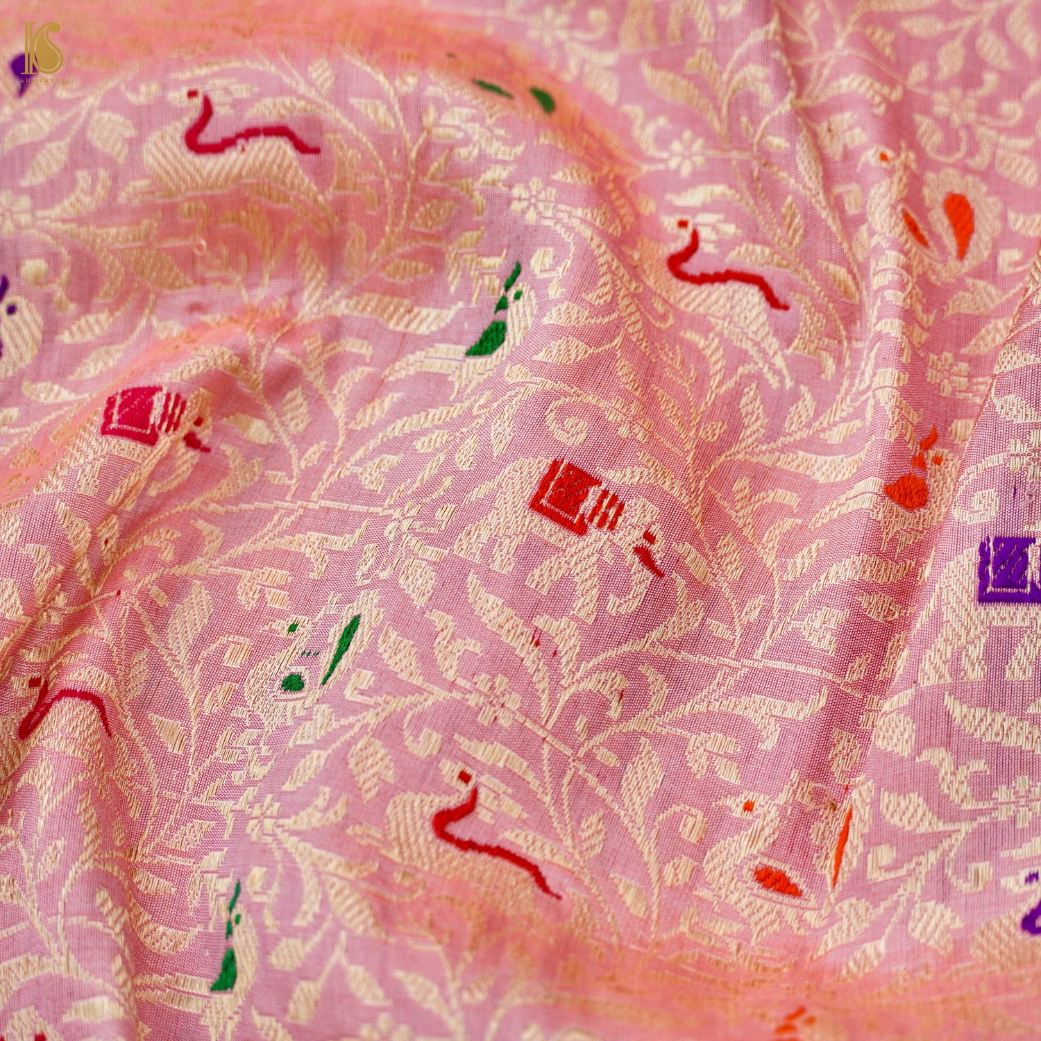 Handloom Katan Silk Banarasi Pink Shikargah Saree with Contrast Border