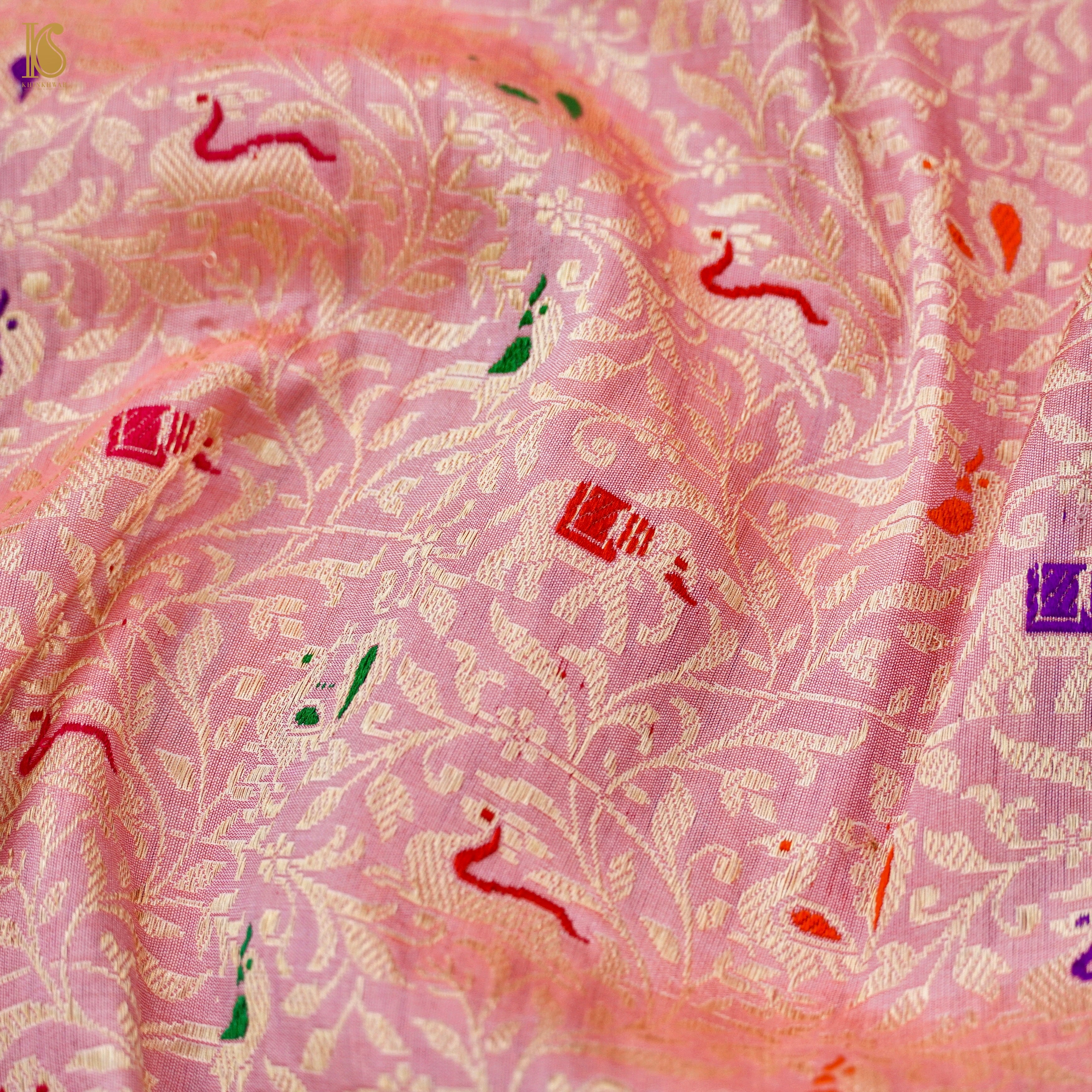 Handloom Katan Silk Banarasi Pink Shikargah Saree with Contrast Border