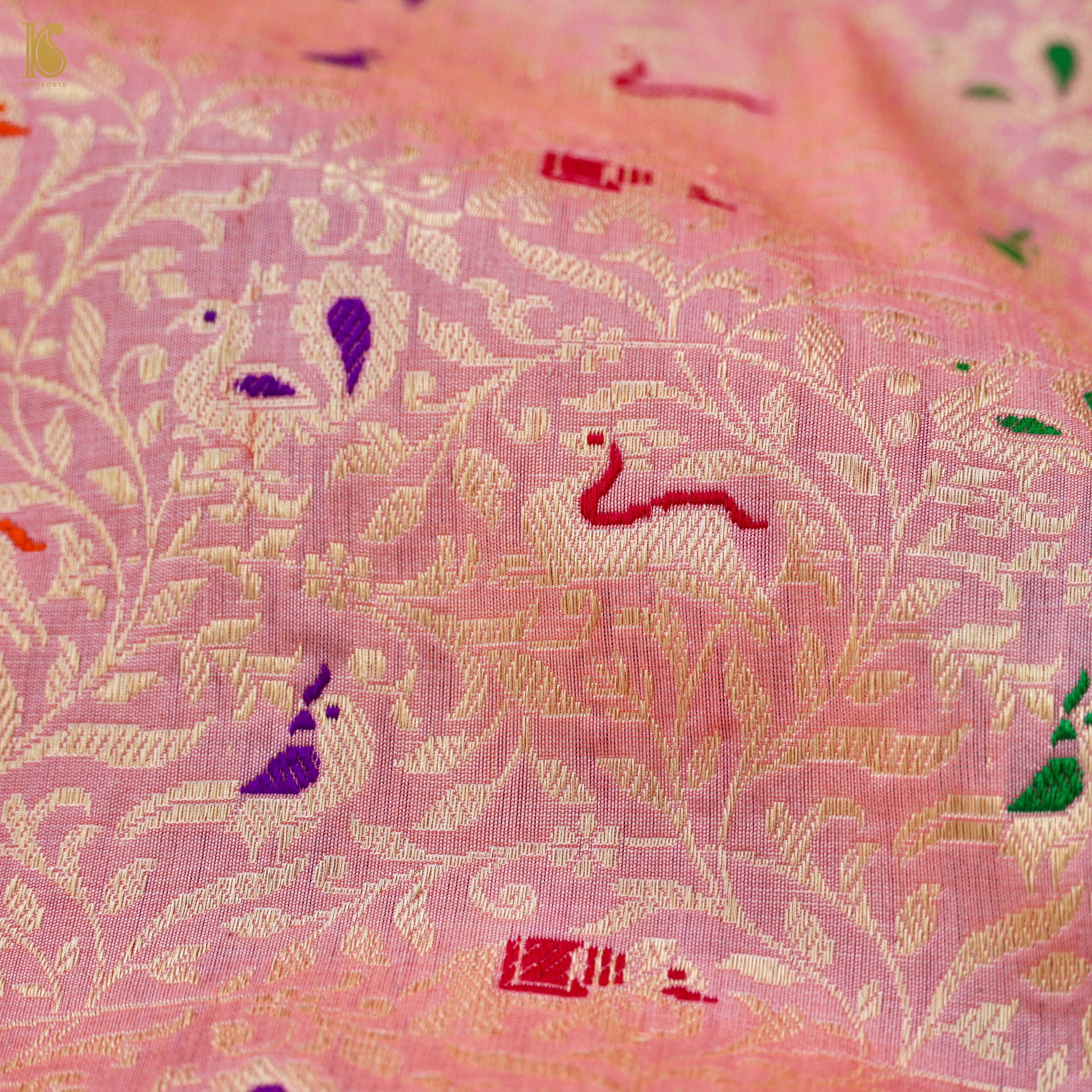Handloom Katan Silk Banarasi Pink Shikargah Saree with Contrast Border