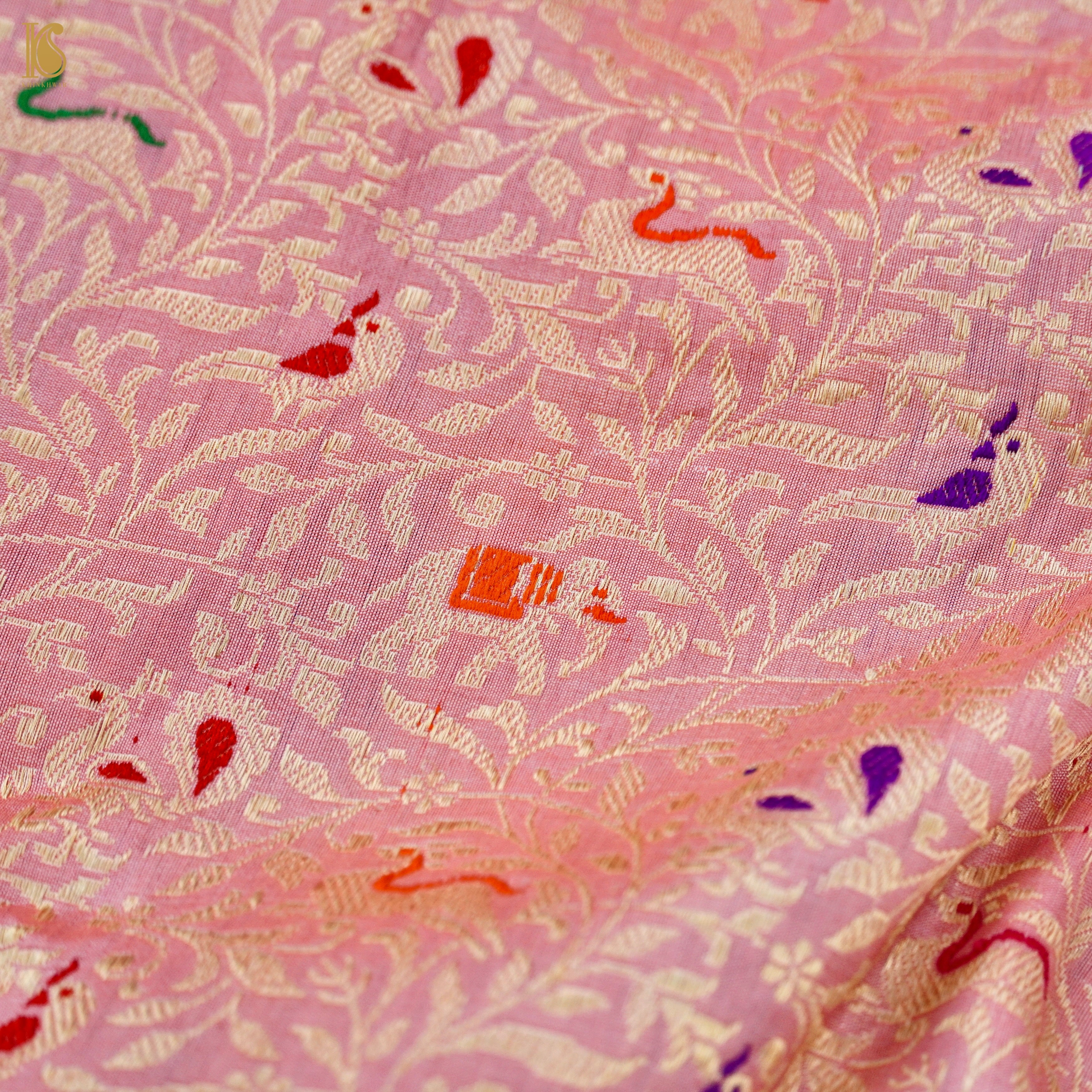 Handloom Katan Silk Banarasi Pink Shikargah Saree with Contrast Border