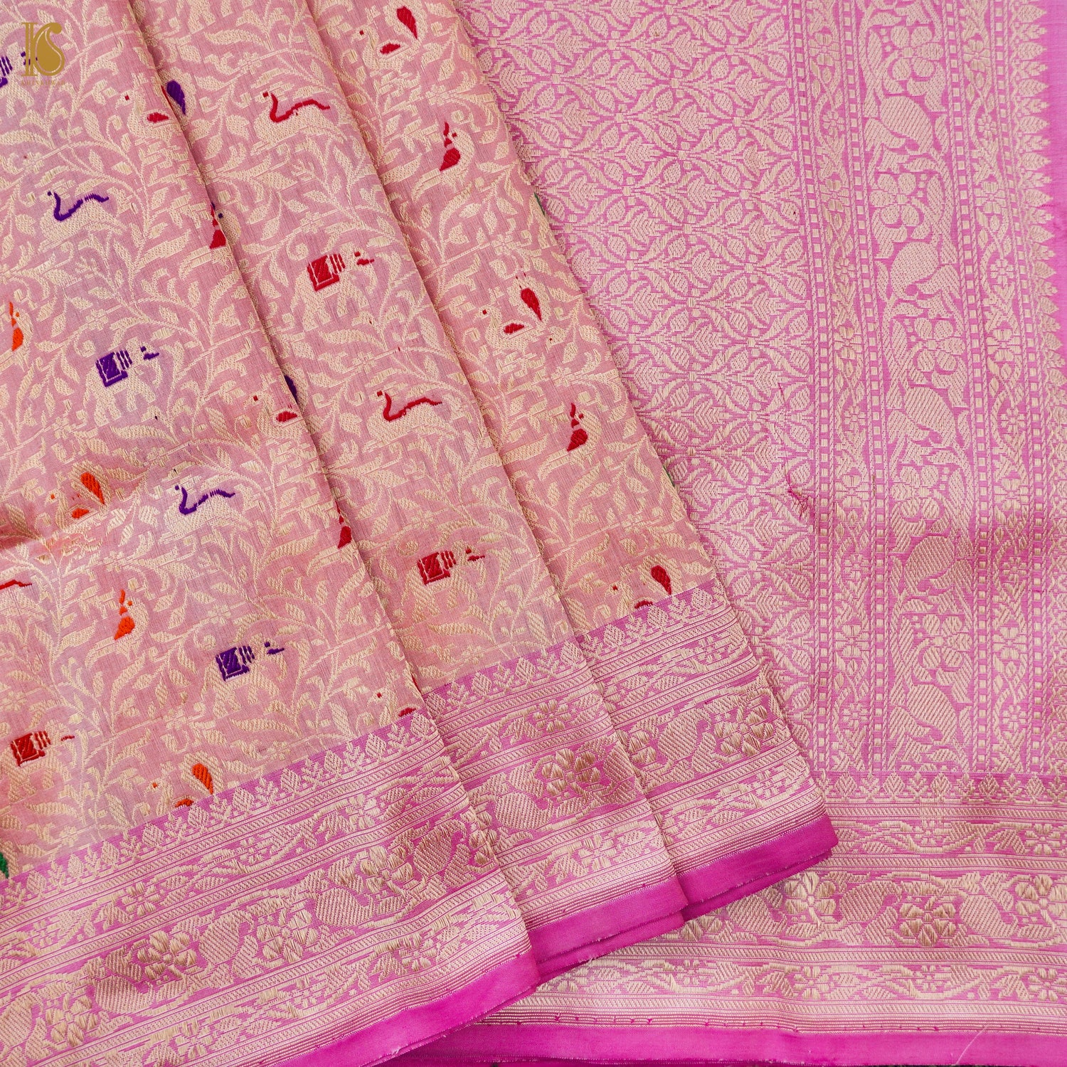 Handloom Katan Silk Banarasi Pink Shikargah Saree with Contrast Border