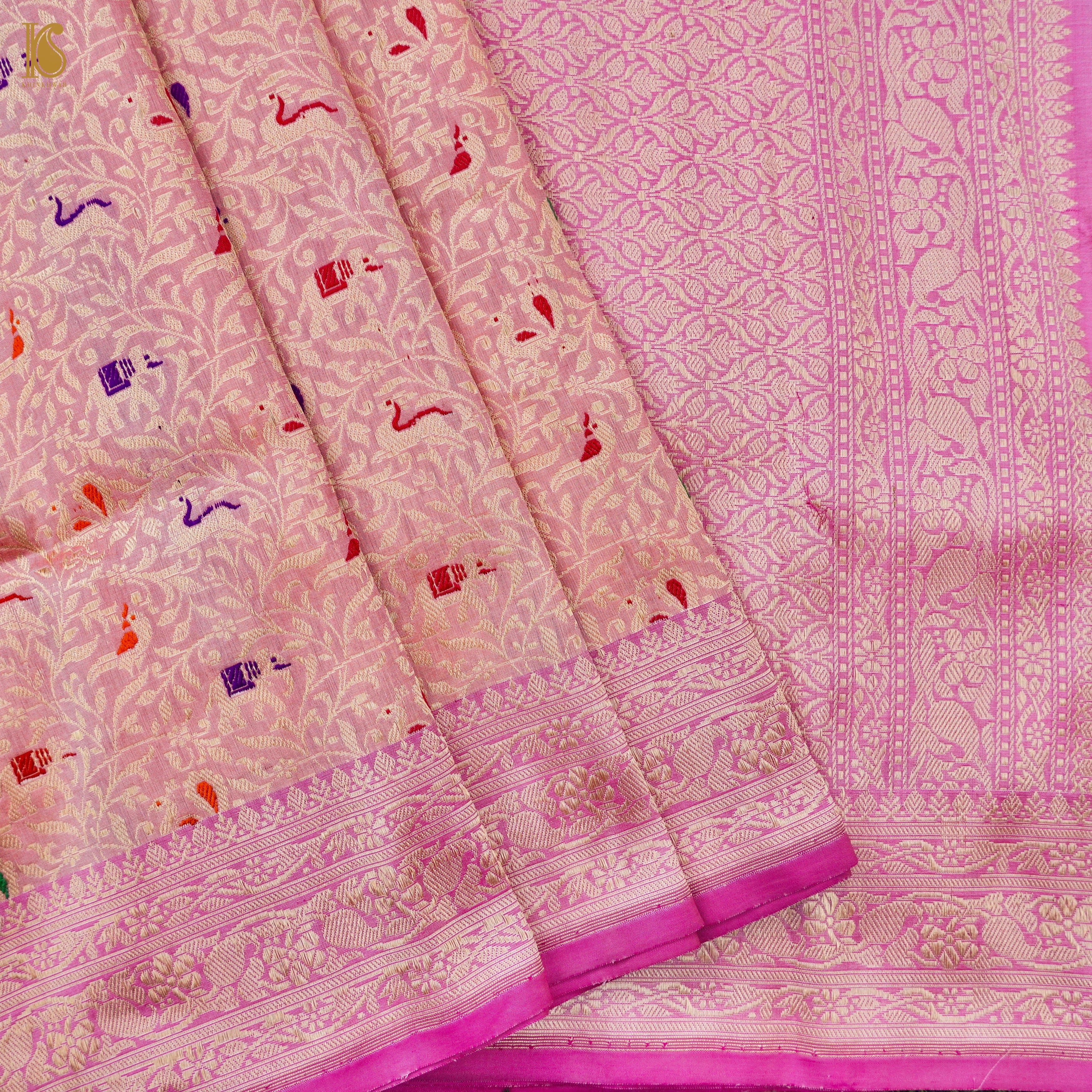Handloom Katan Silk Banarasi Pink Shikargah Saree with Contrast Border