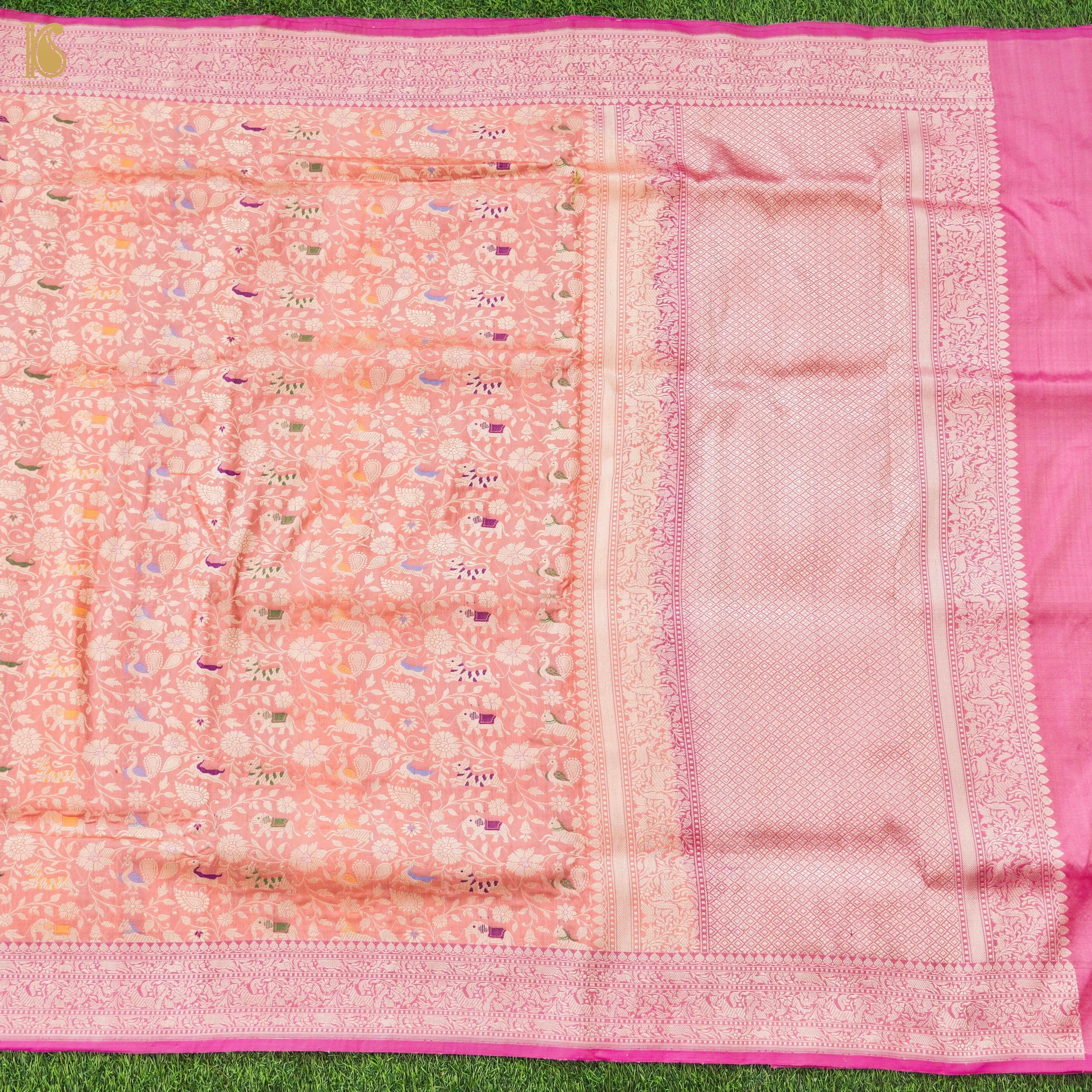 Handloom Katan Silk Banarasi Pink Shikargah Saree with Contrast Border