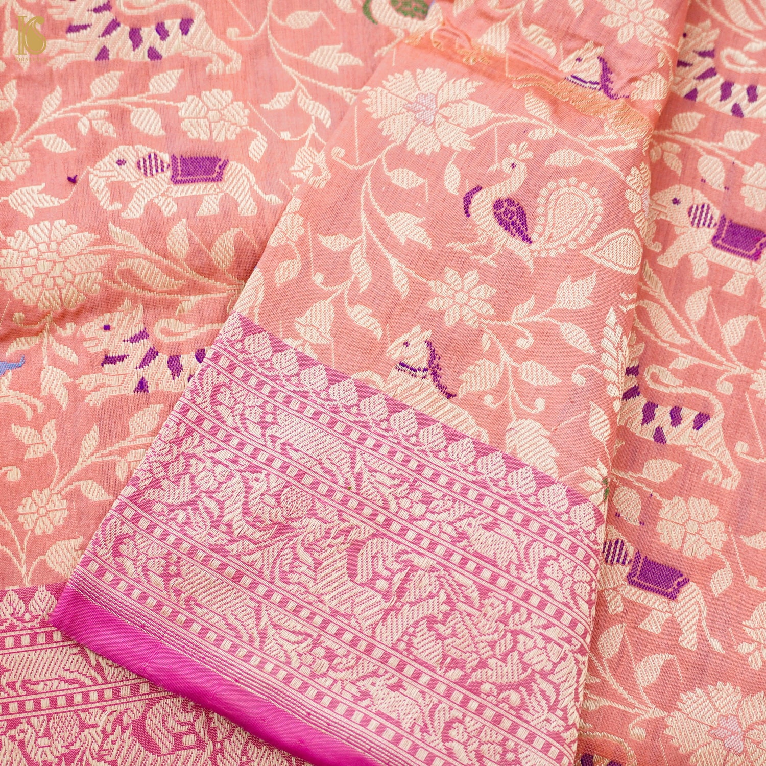 Handloom Katan Silk Banarasi Pink Shikargah Saree with Contrast Border