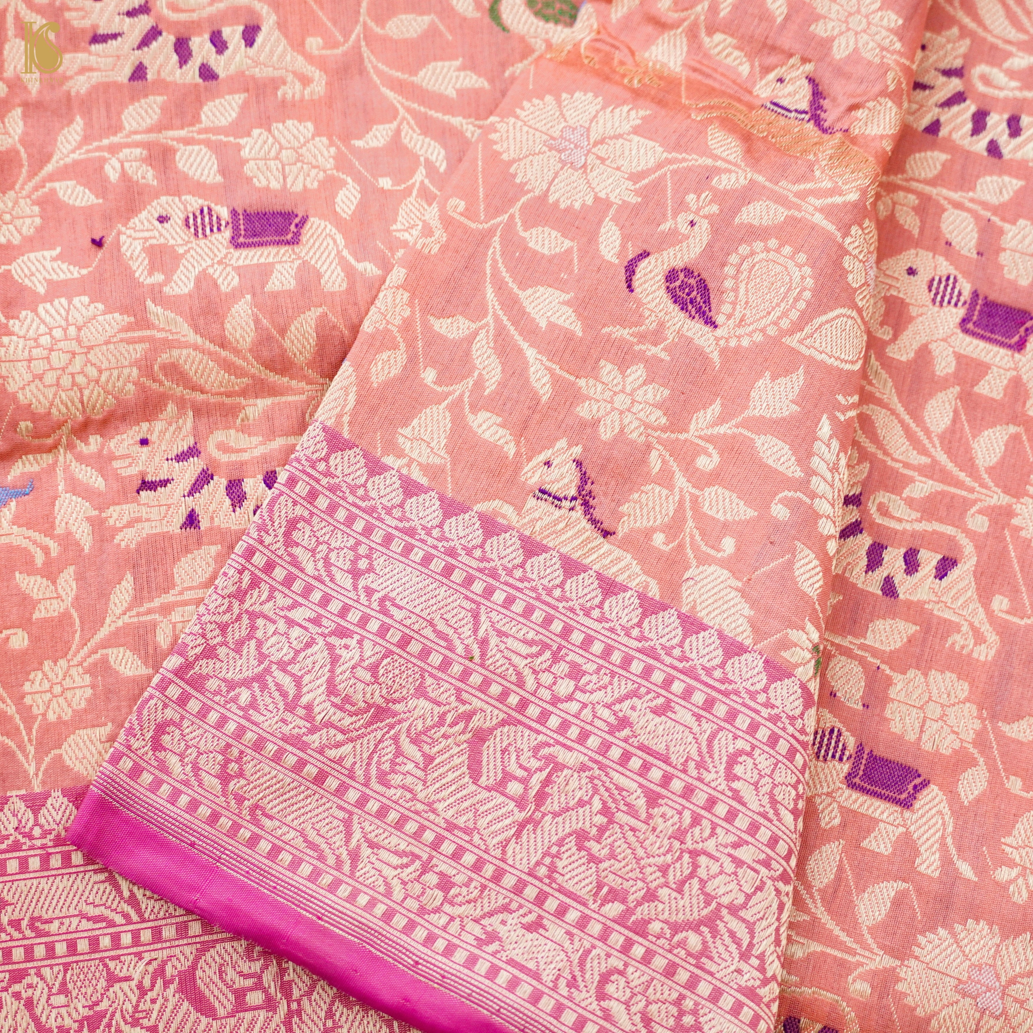 Handloom Katan Silk Banarasi Pink Shikargah Saree with Contrast Border