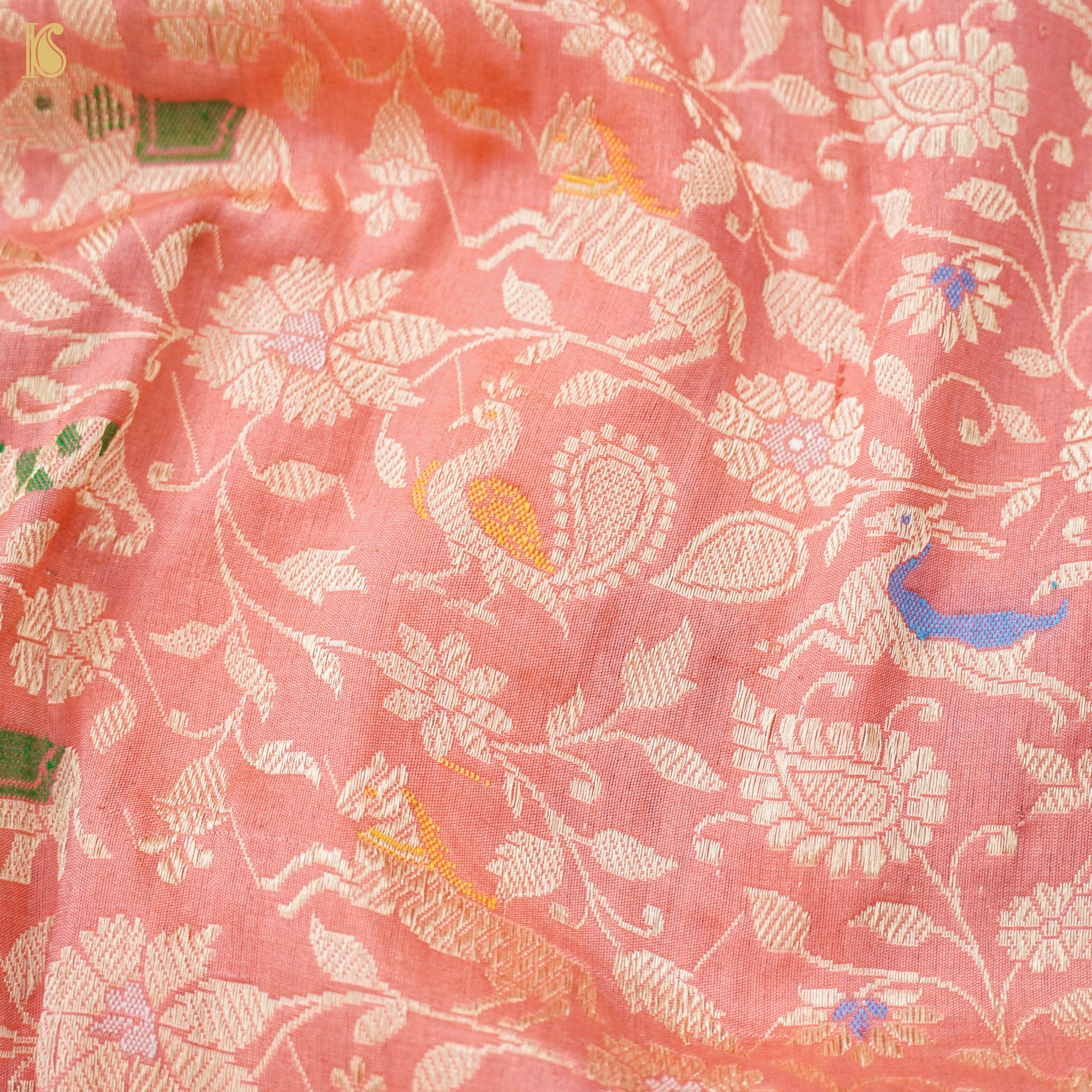 Handloom Katan Silk Banarasi Pink Shikargah Saree with Contrast Border