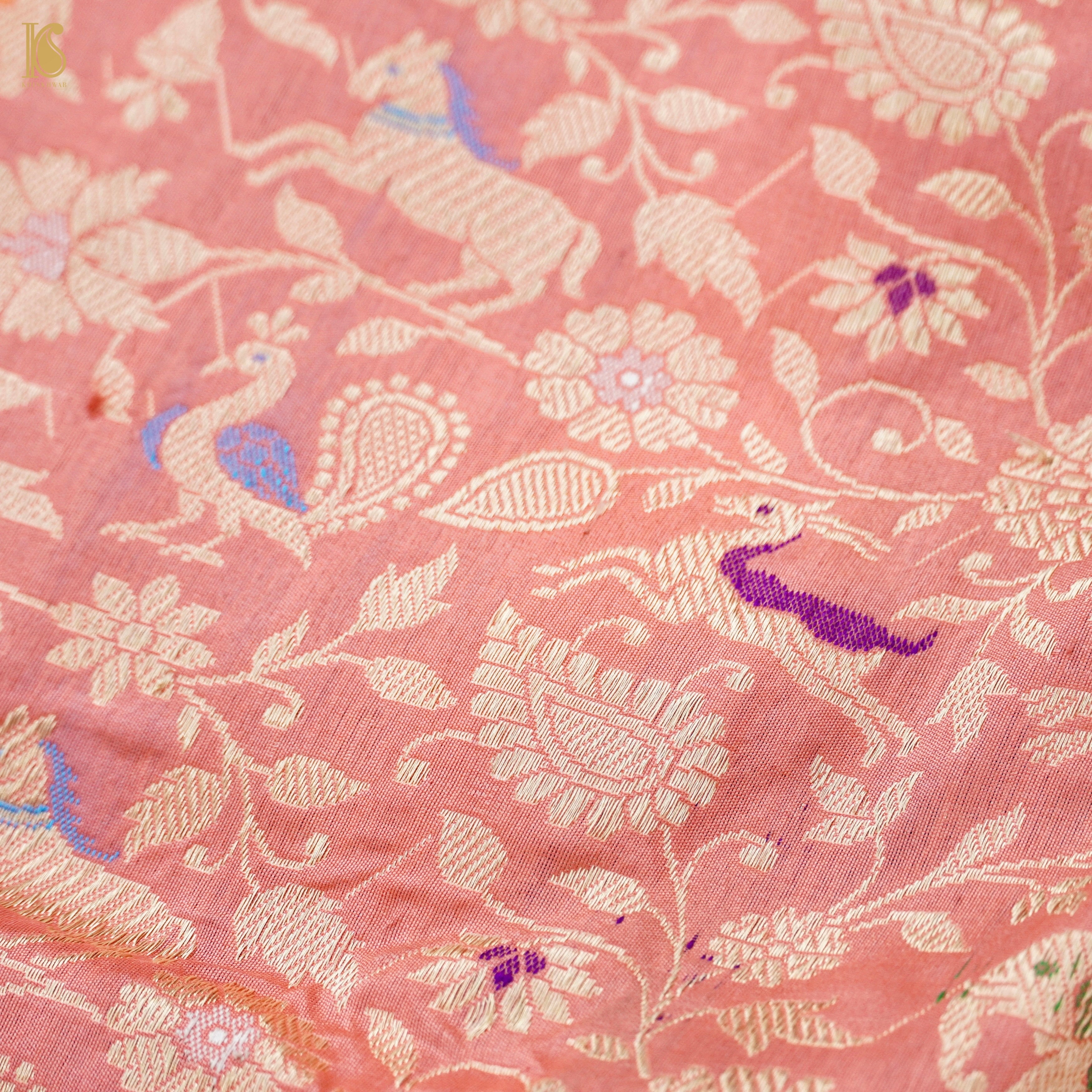 Handloom Katan Silk Banarasi Pink Shikargah Saree with Contrast Border