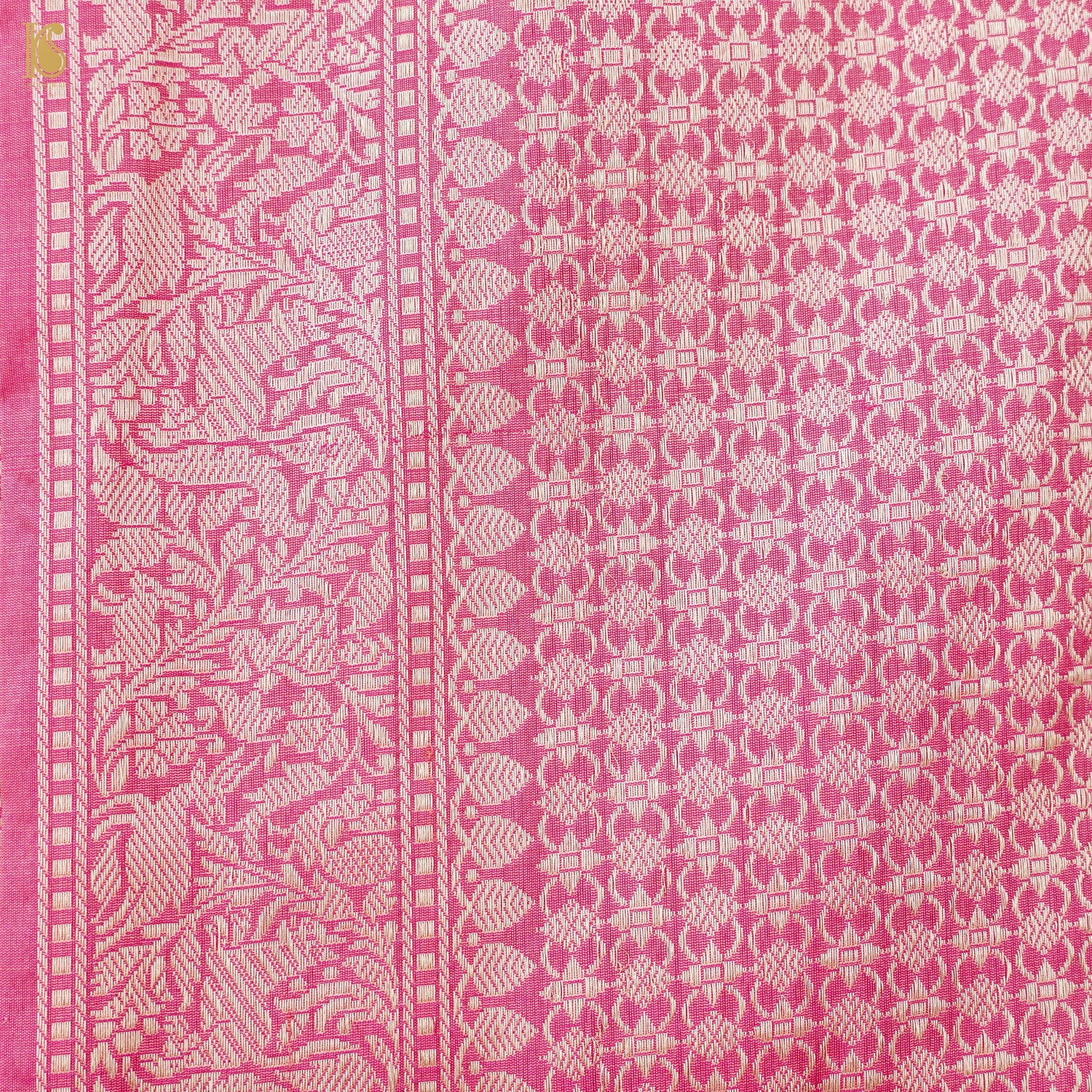 Handloom Katan Silk Banarasi Pink Shikargah Saree with Contrast Border