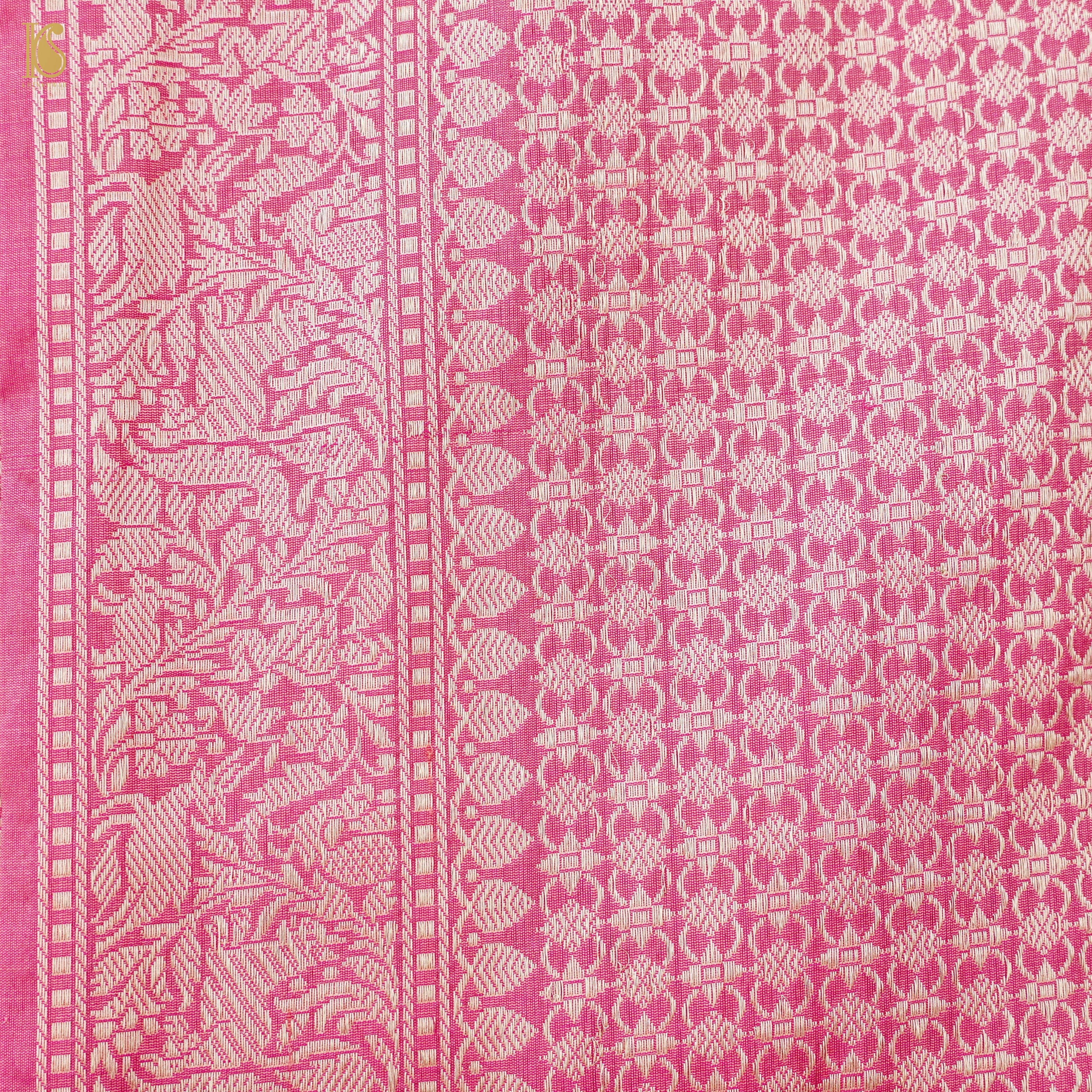 Handloom Katan Silk Banarasi Pink Shikargah Saree with Contrast Border