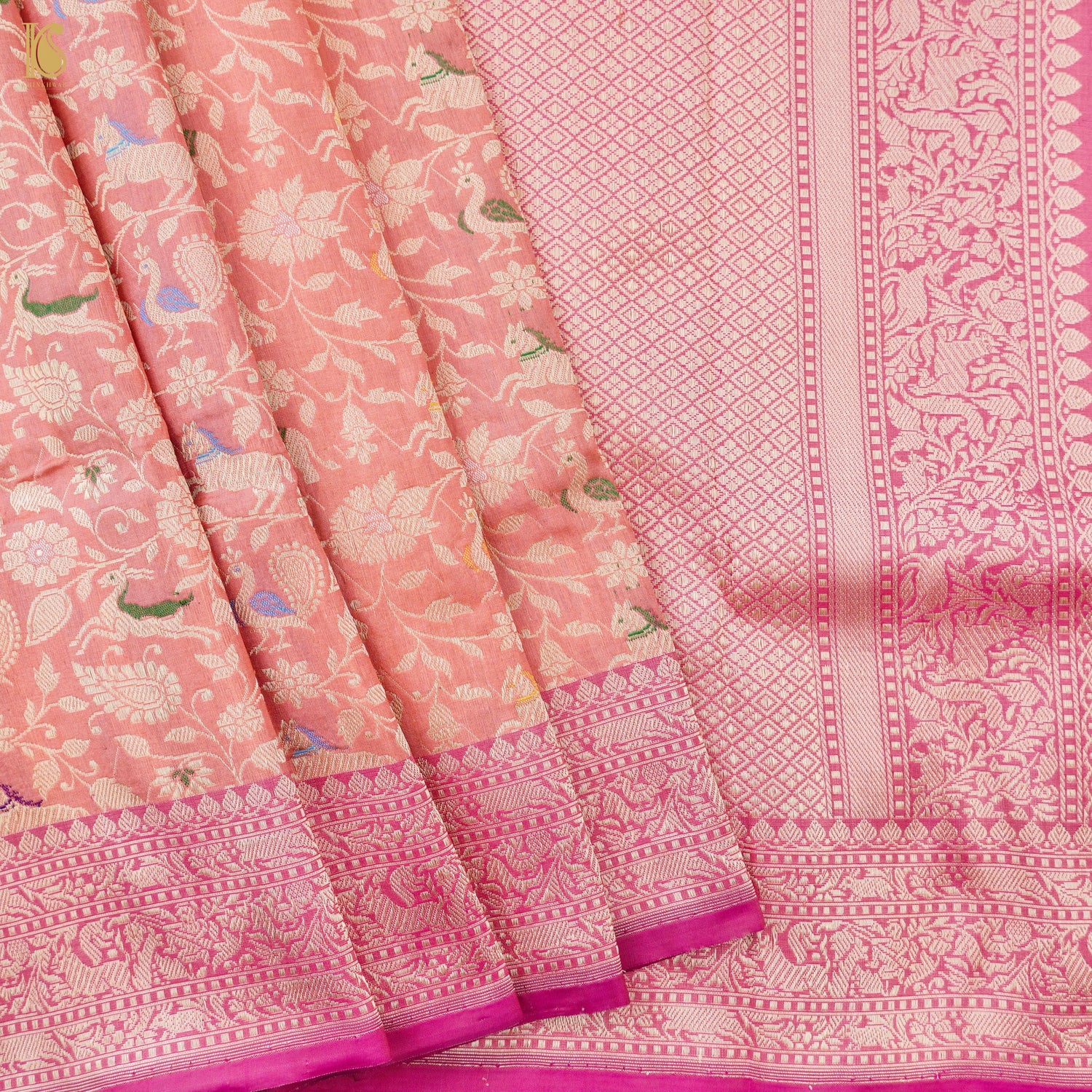 Handloom Katan Silk Banarasi Pink Shikargah Saree with Contrast Border