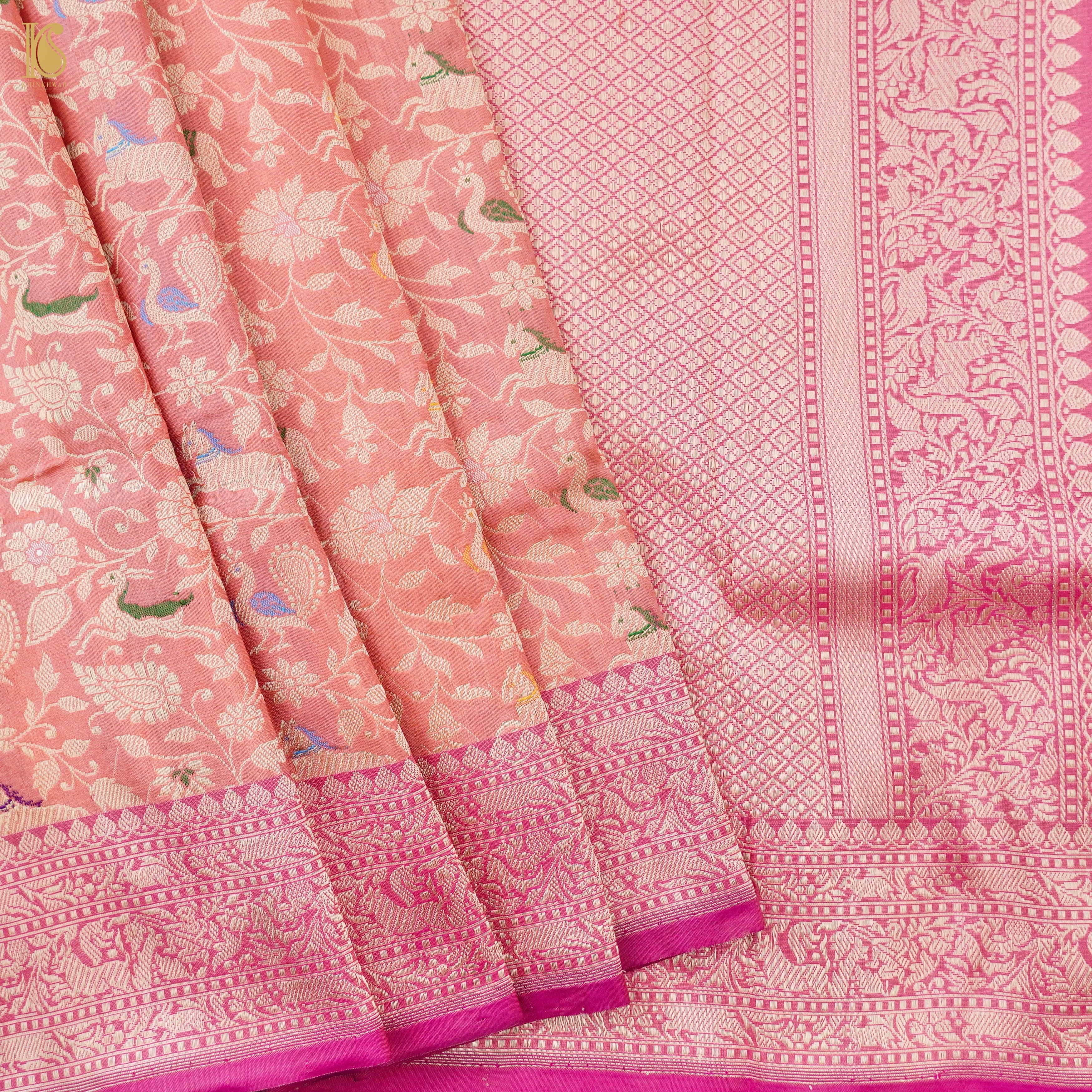 Handloom Katan Silk Banarasi Pink Shikargah Saree with Contrast Border