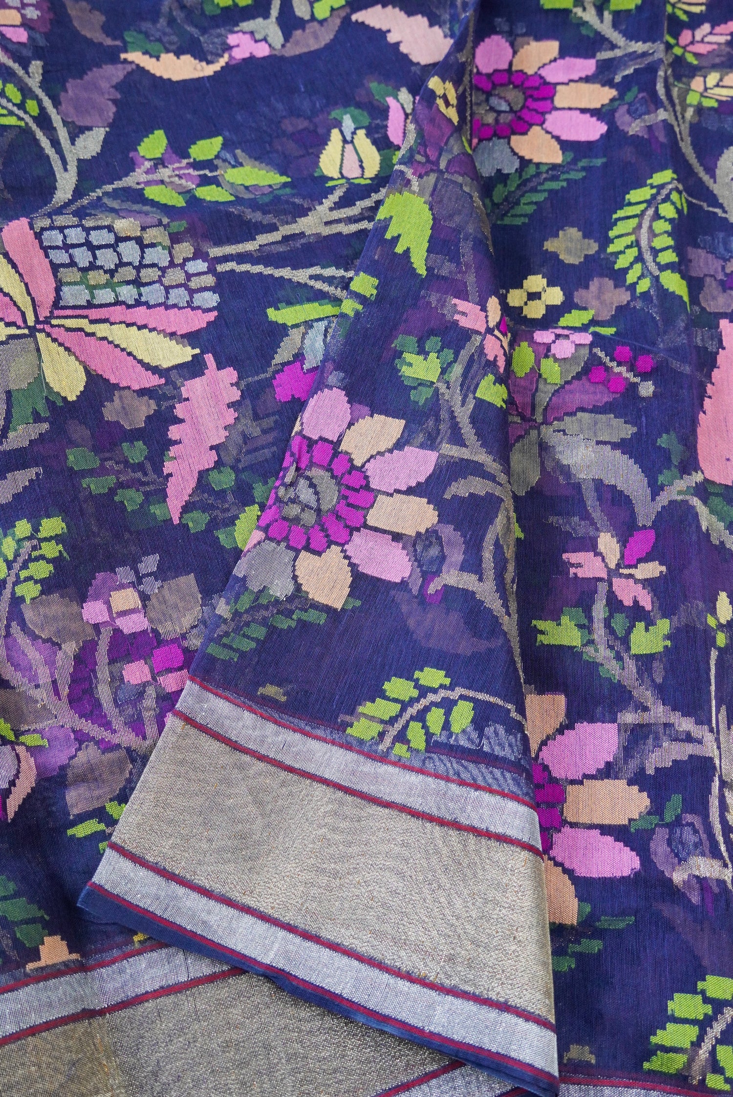 Handloom Banarasi Real Silver Zari Cotton Neelamabari Saree