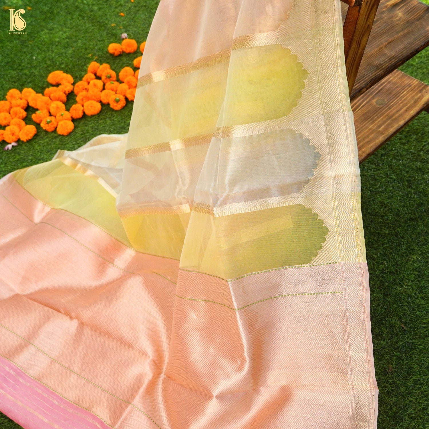 Pink Handloom Pure Kora Organza Banarasi Saree