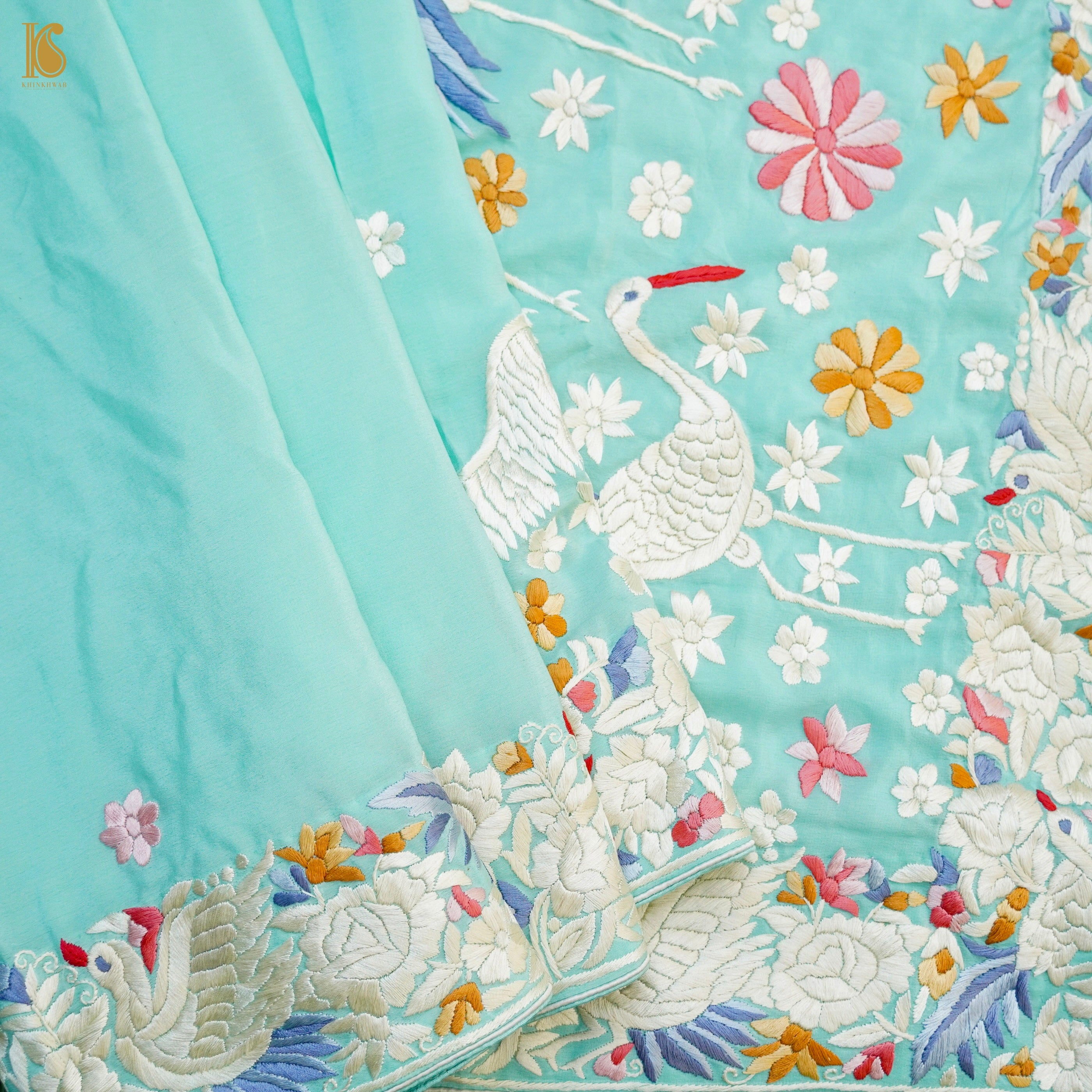 Parsi Gara Pure Crepe Crane Saree