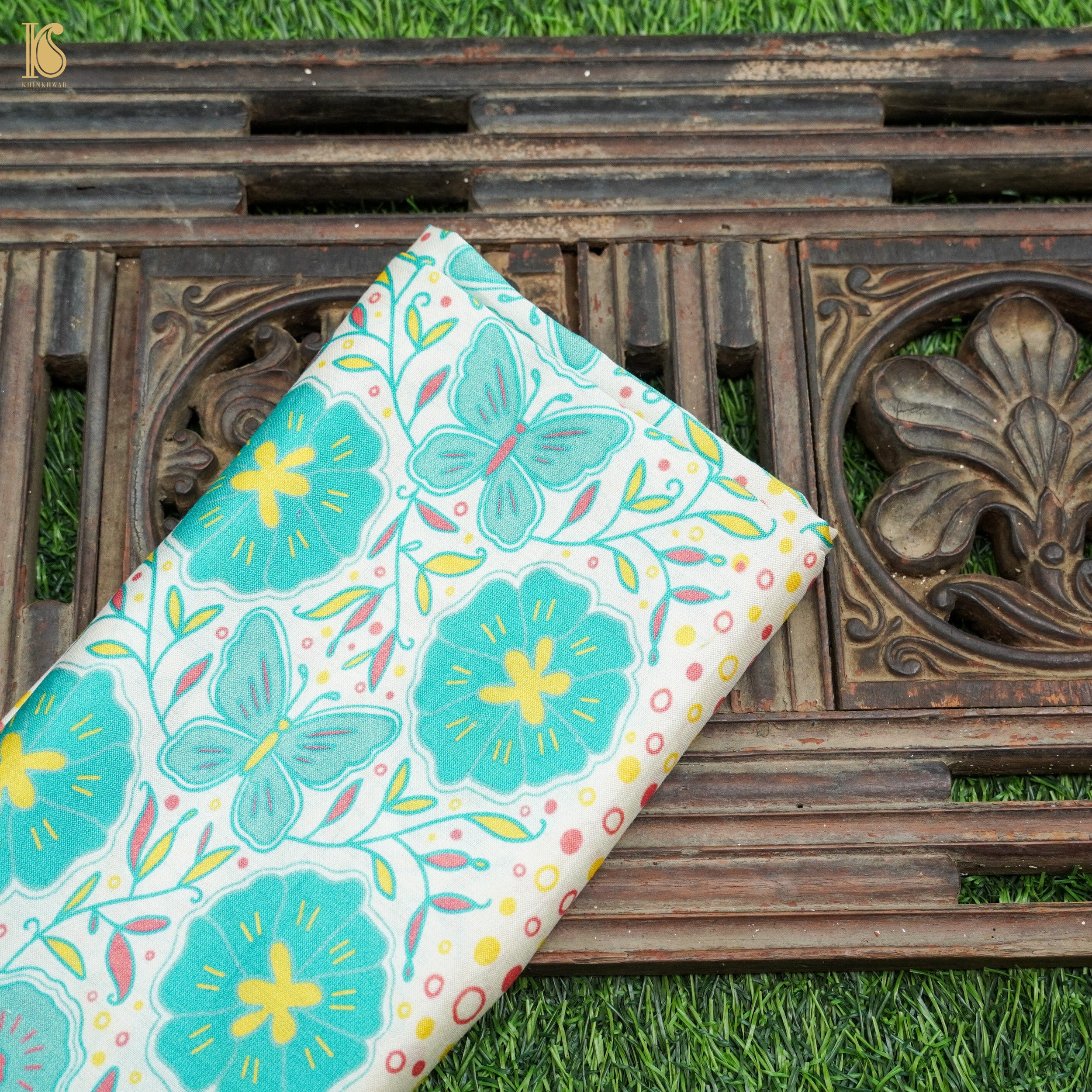 White & Teal Titli Print Chiniya Silk Fabric - Khinkhwab