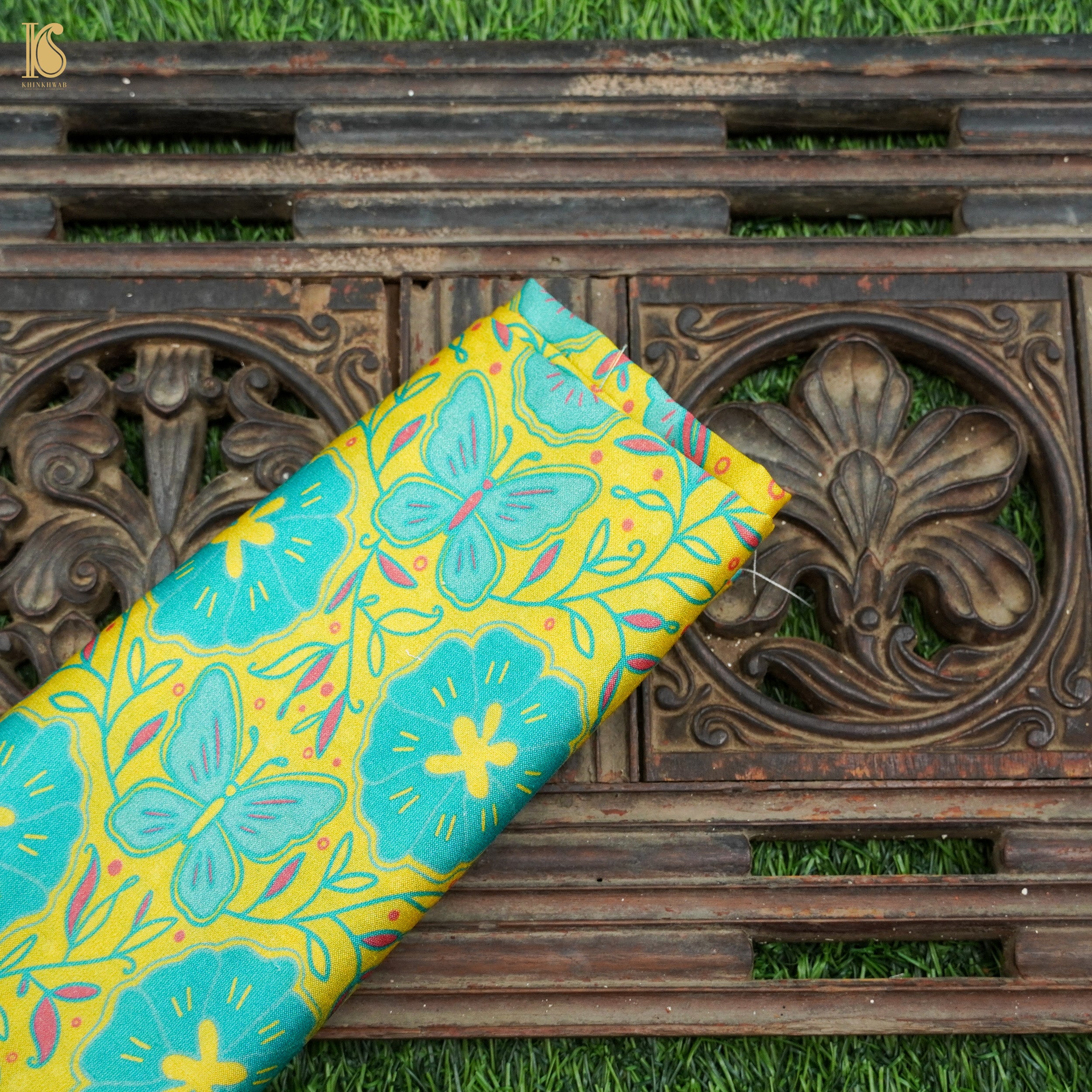 Poppy Lime Yellow & Teal Titli Print Chiniya Silk Fabric - Khinkhwab