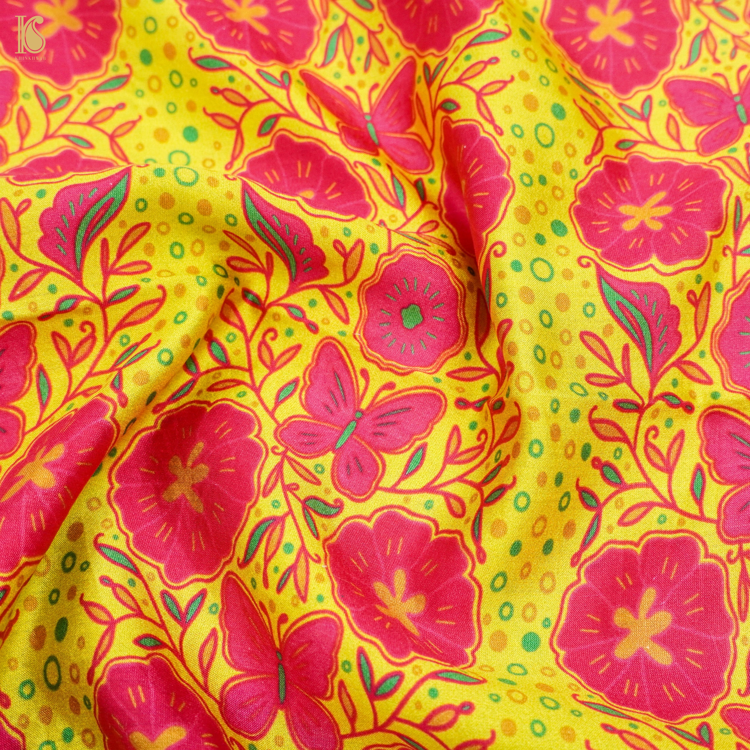 Poppy Lime & Pink Titli Print Chiniya Silk Fabric - Khinkhwab