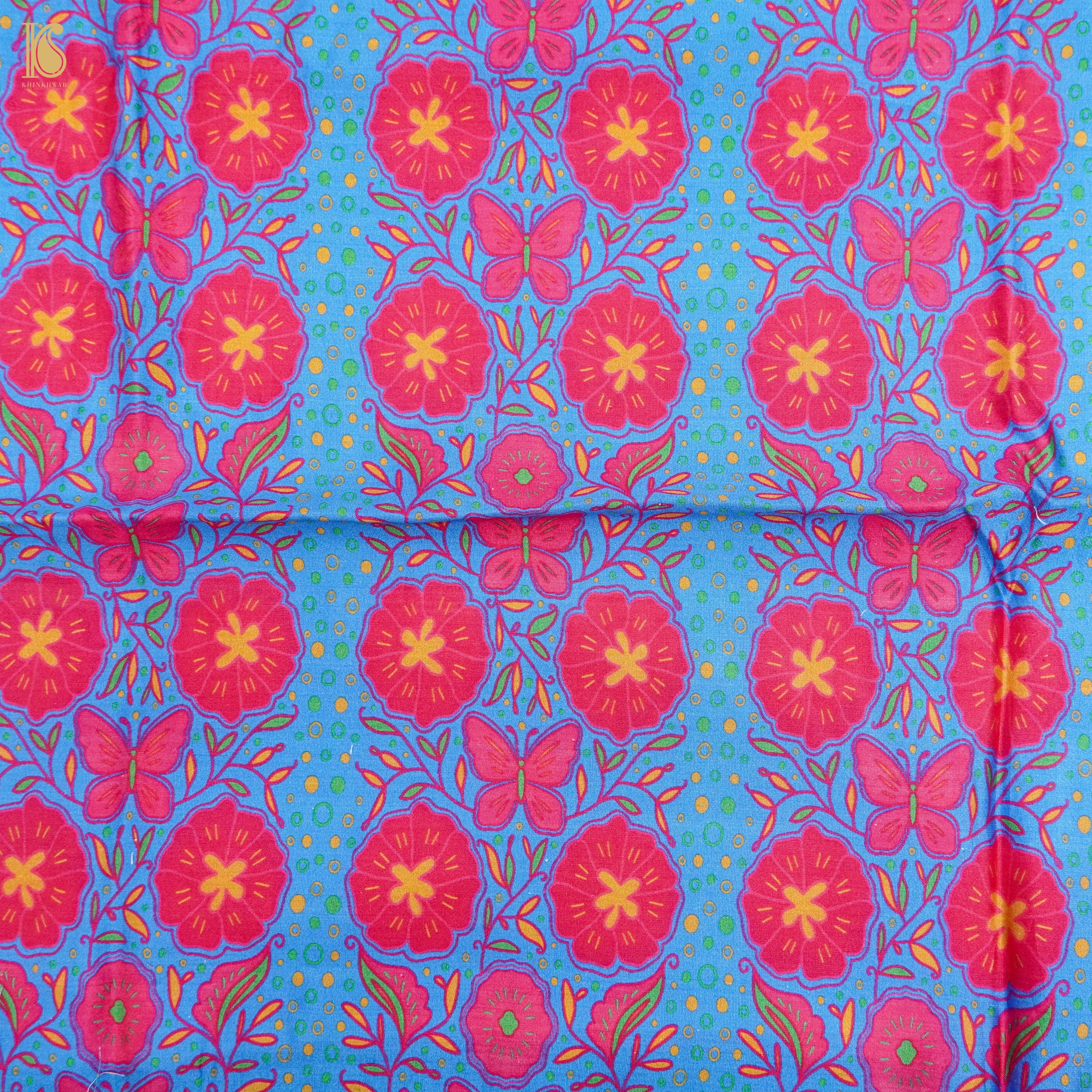 Poppy Blue & Pink Titli Print Chiniya Silk Fabric - Khinkhwab