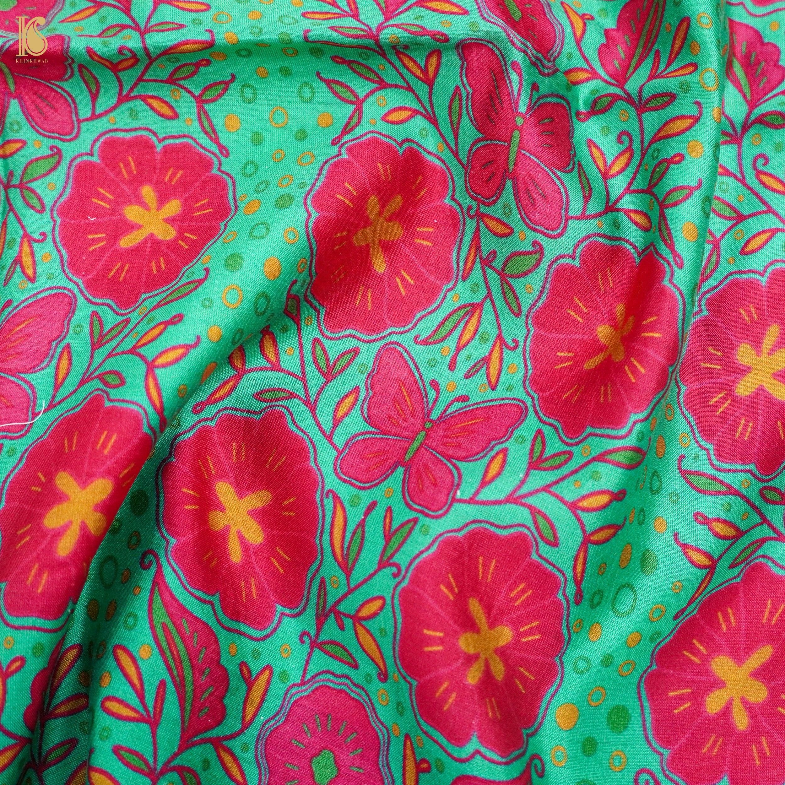 Poppy Teal & Pink Titli Print Chiniya Silk Fabric - Khinkhwab