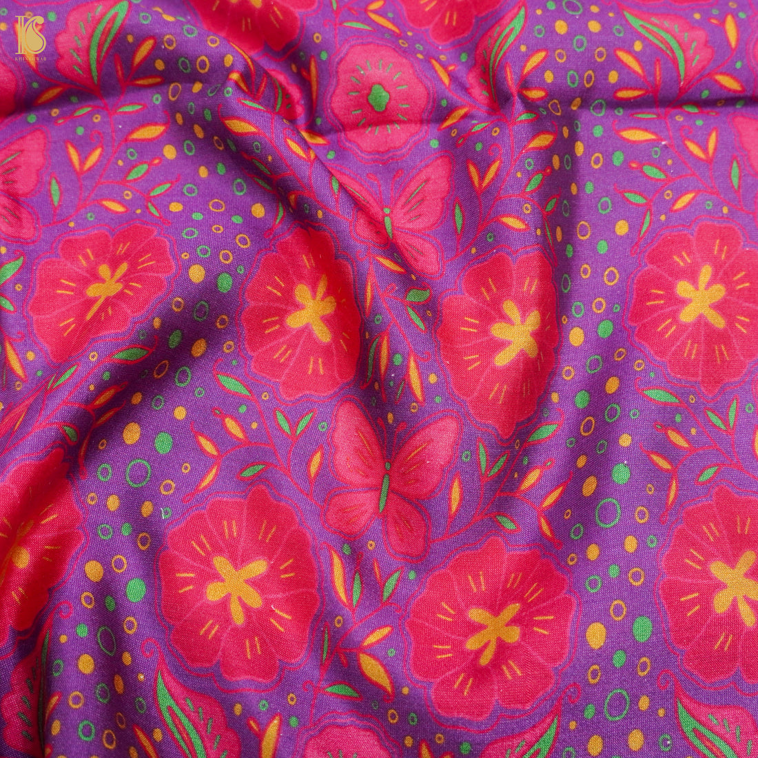 Poppy Purple & Pink Titli Print Chiniya Silk Fabric - Khinkhwab